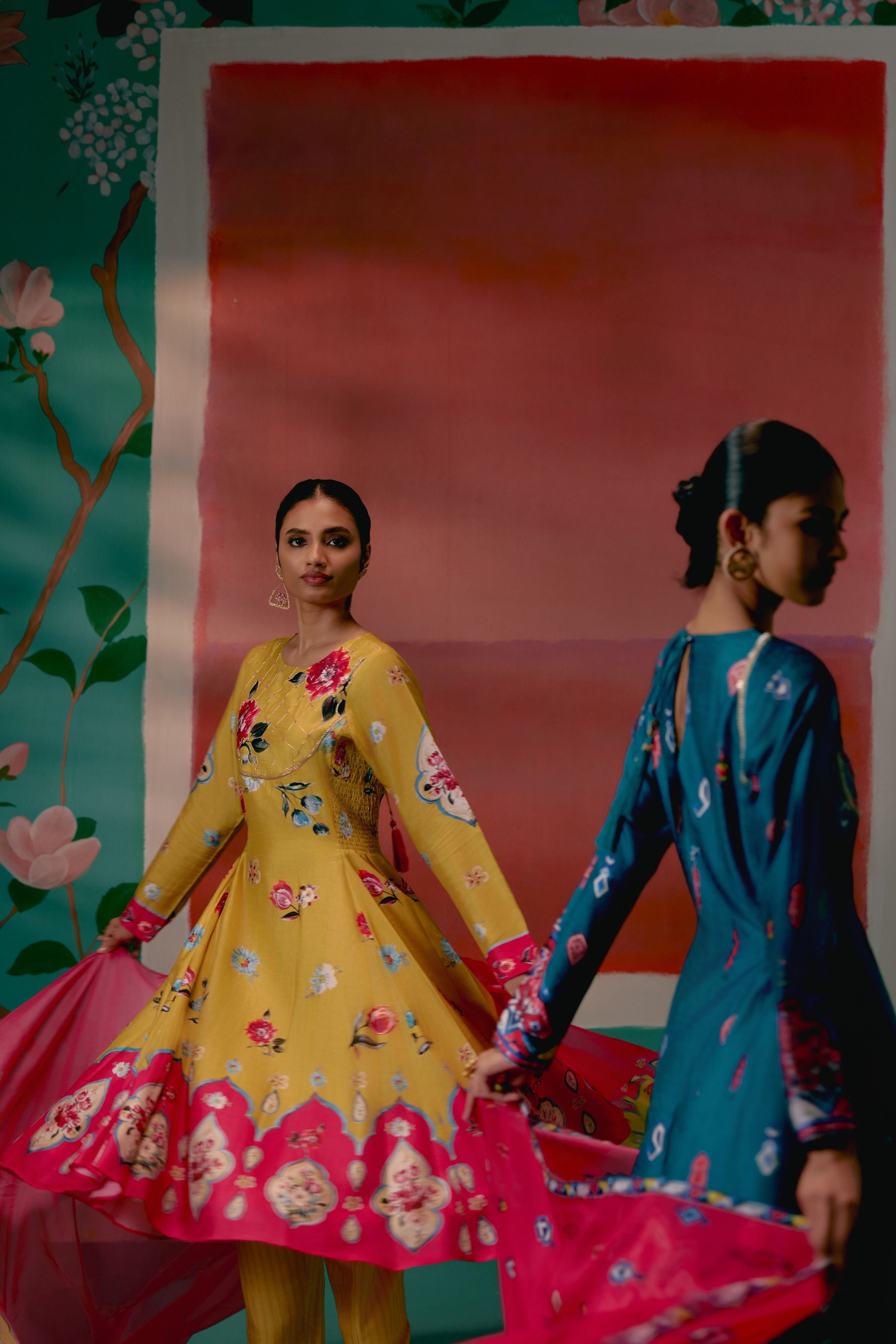 Mustard And Pink Floral Anarkali Set With Dupatta