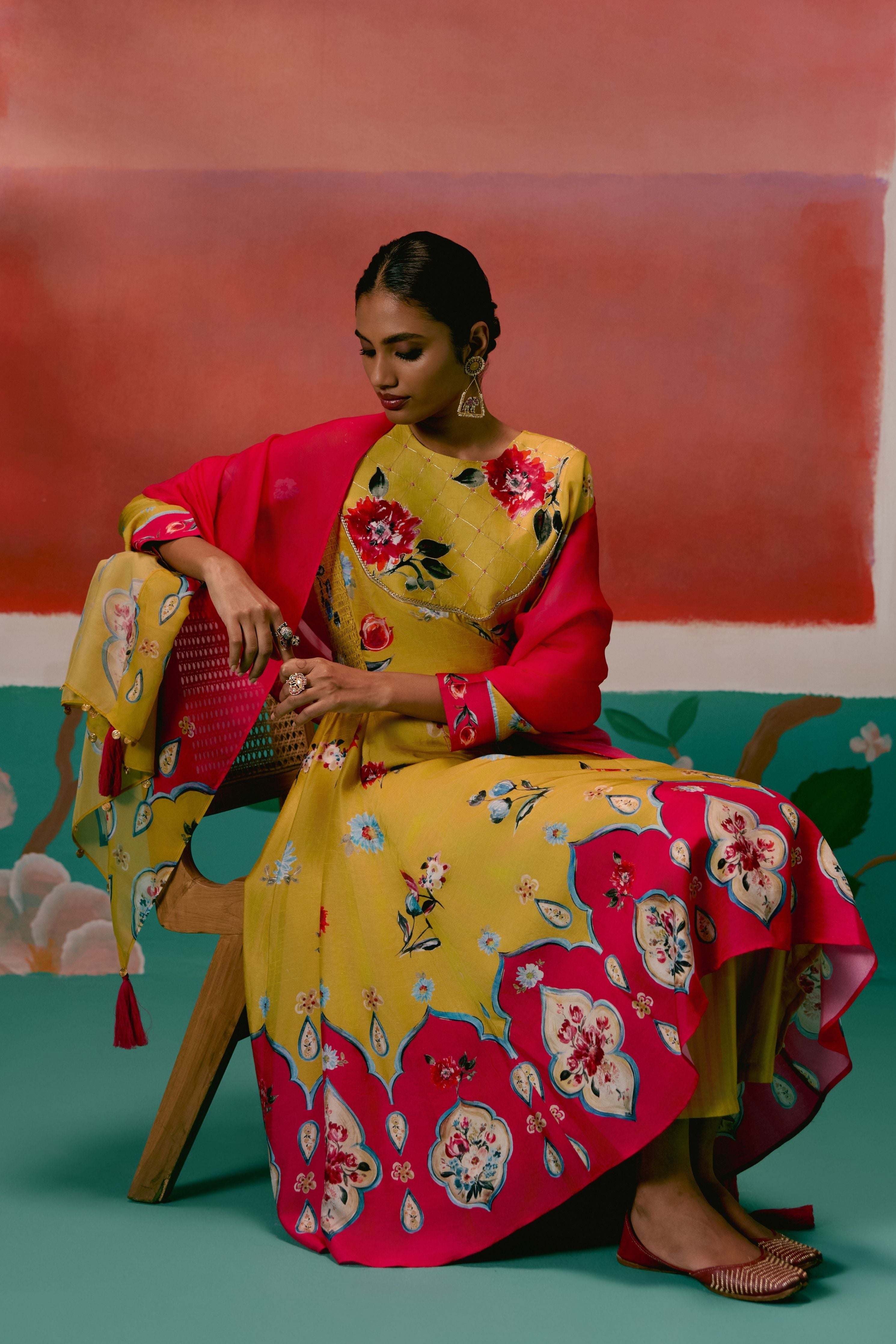 Mustard And Pink Floral Anarkali Set With Dupatta