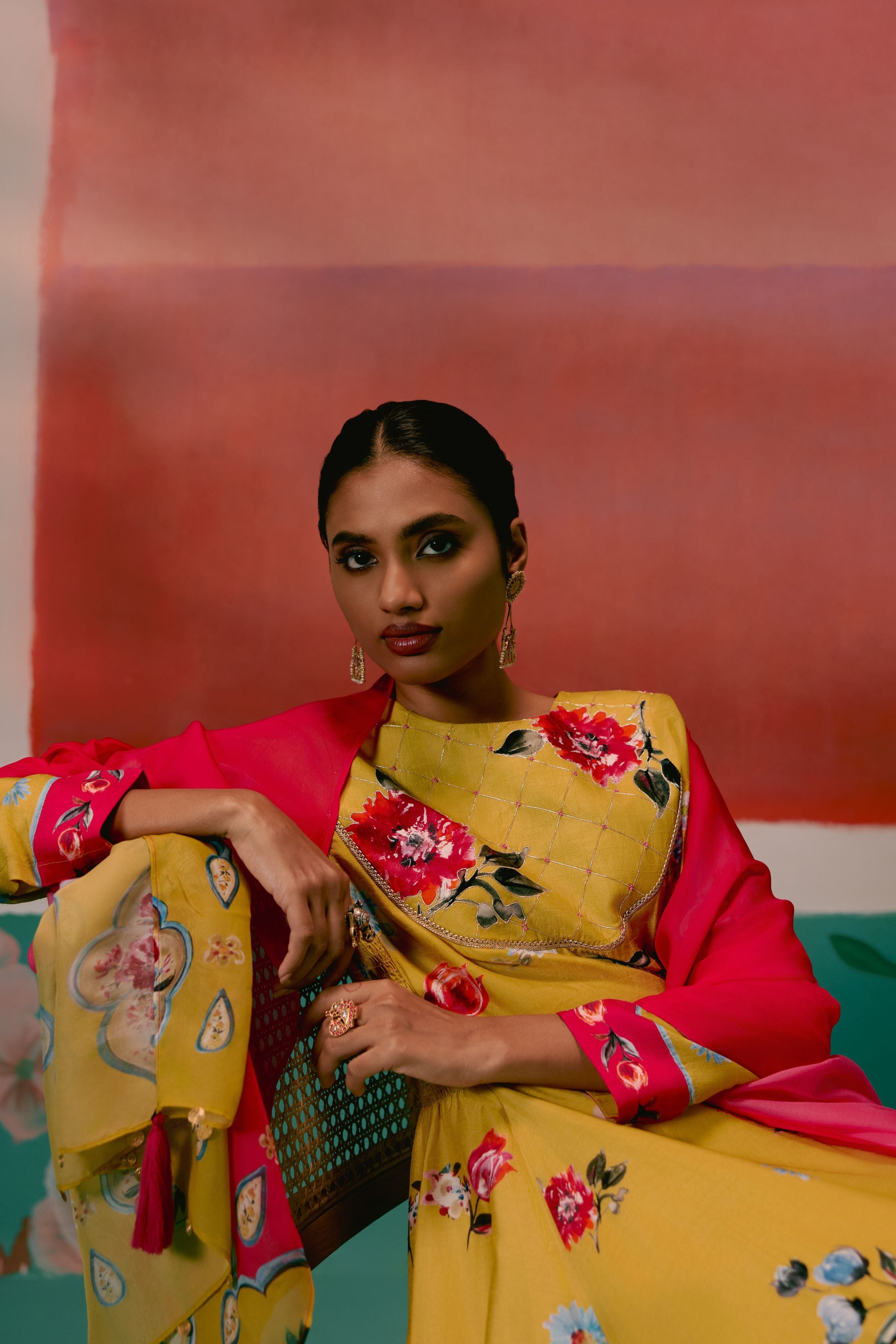 Mustard And Pink Floral Anarkali Set With Dupatta