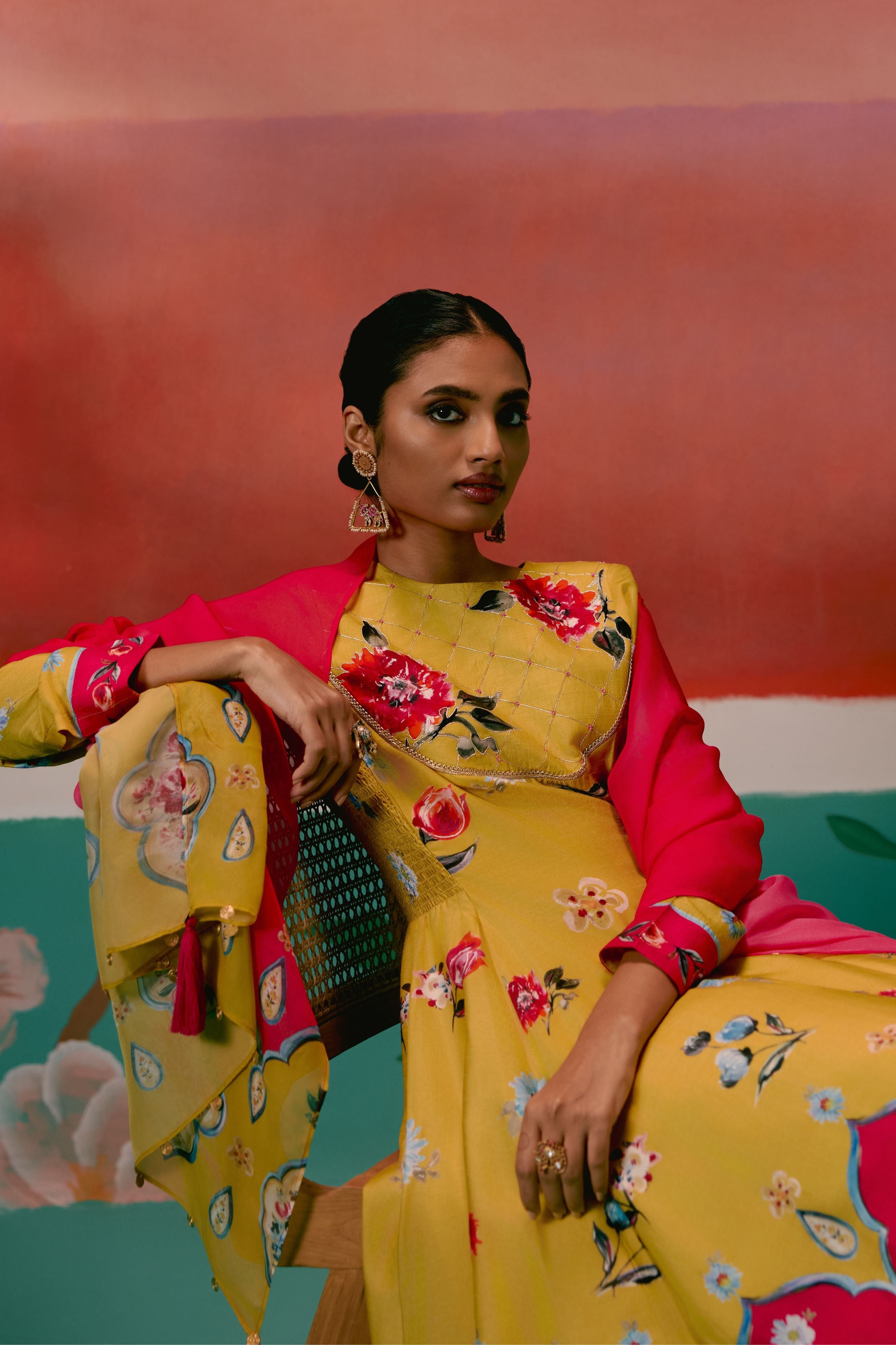 Mustard And Pink Floral Anarkali Set With Dupatta