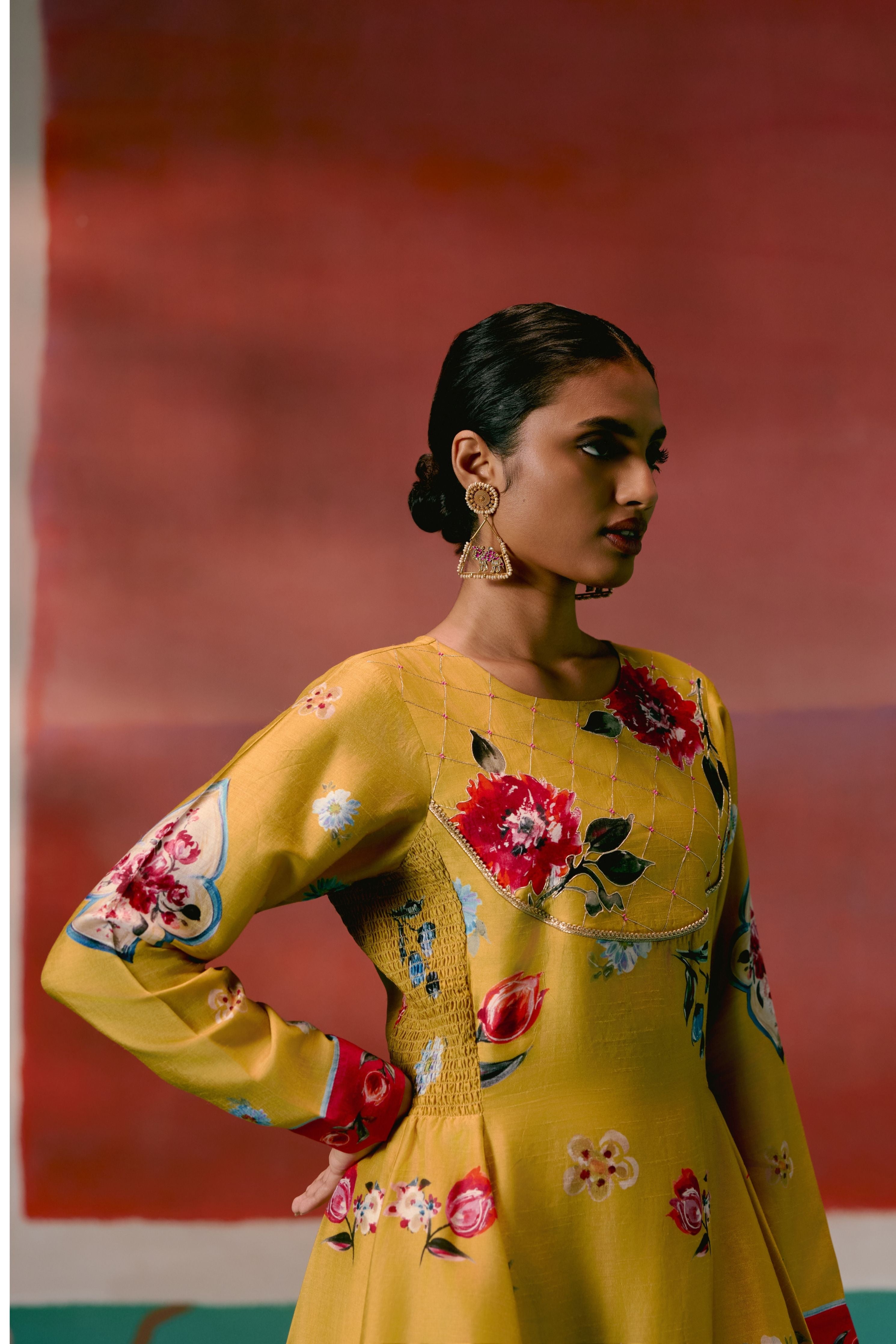 Mustard And Pink Floral Anarkali Set