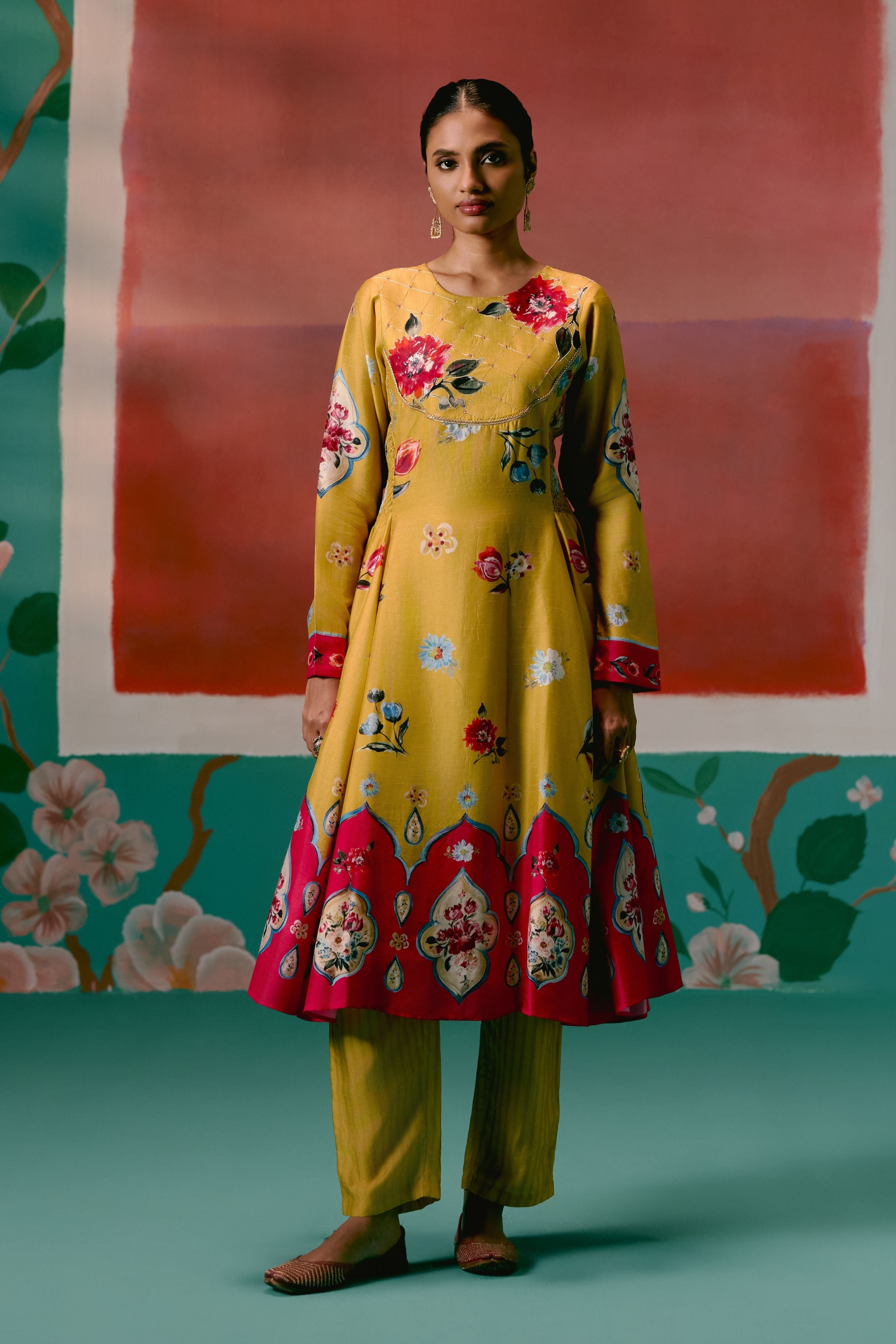 Mustard And Pink Floral Anarkali Set