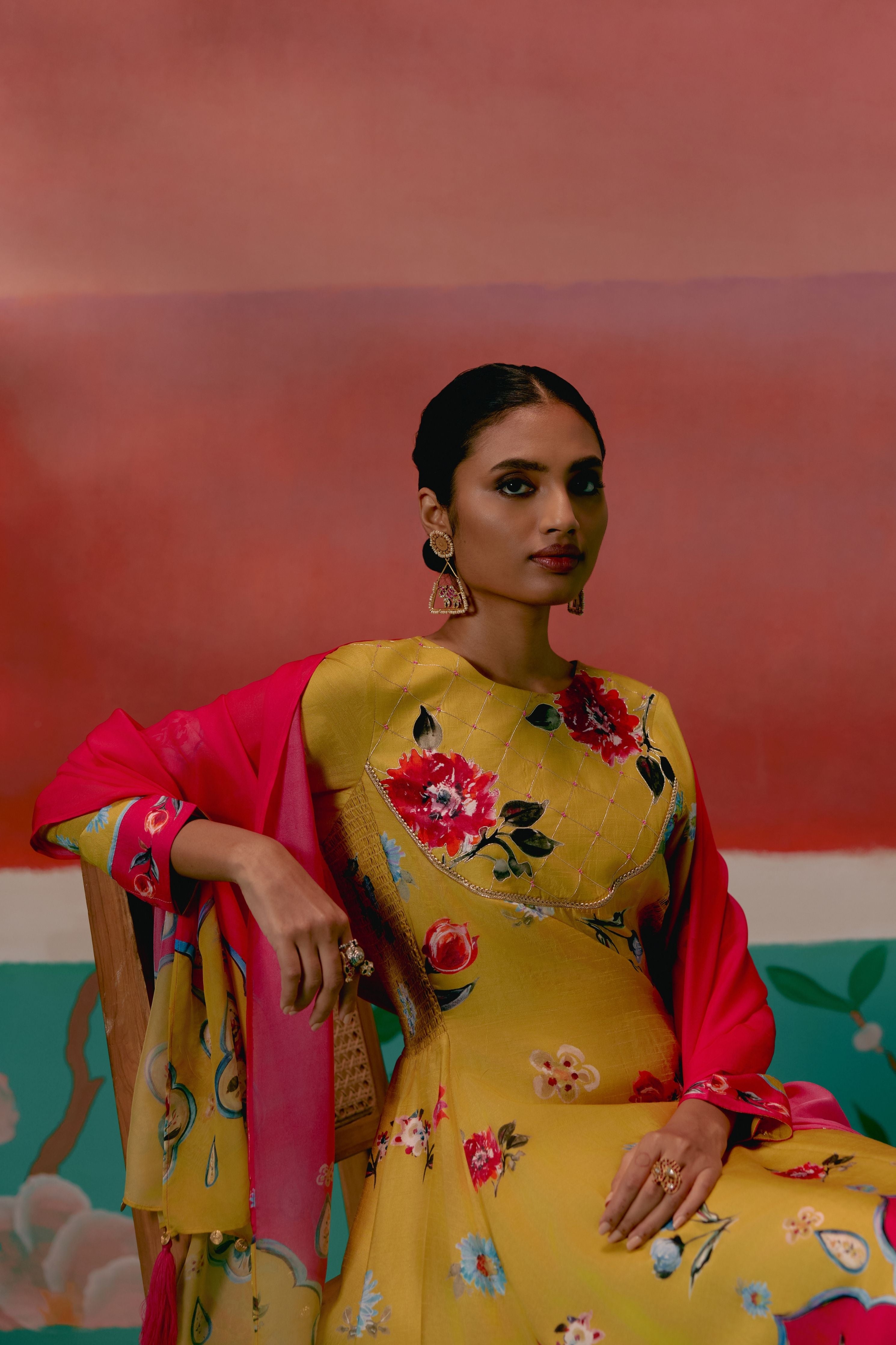 Mustard And Pink Floral Anarkali Set