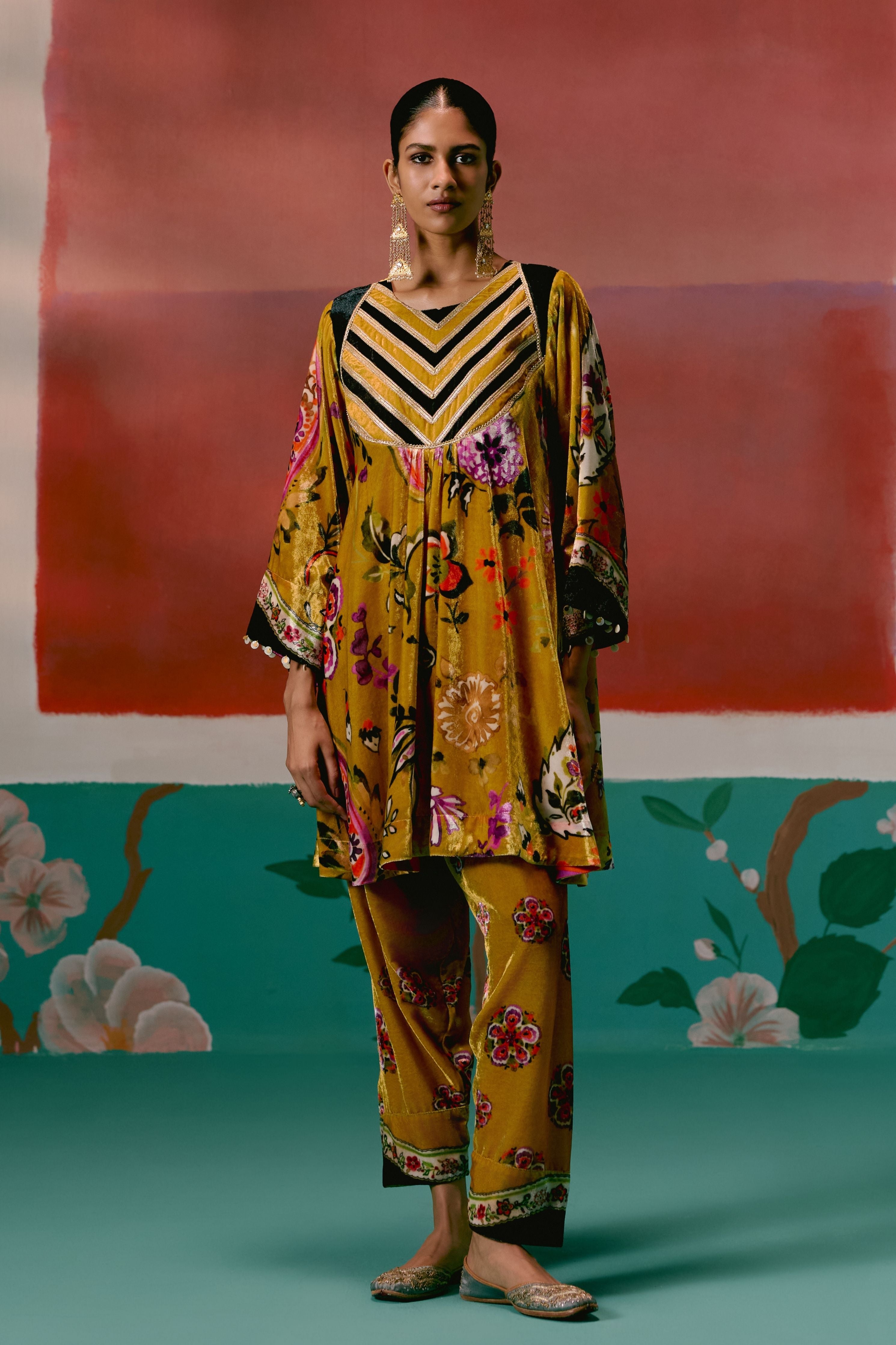 Mustard Floral Velvet Kurta Set