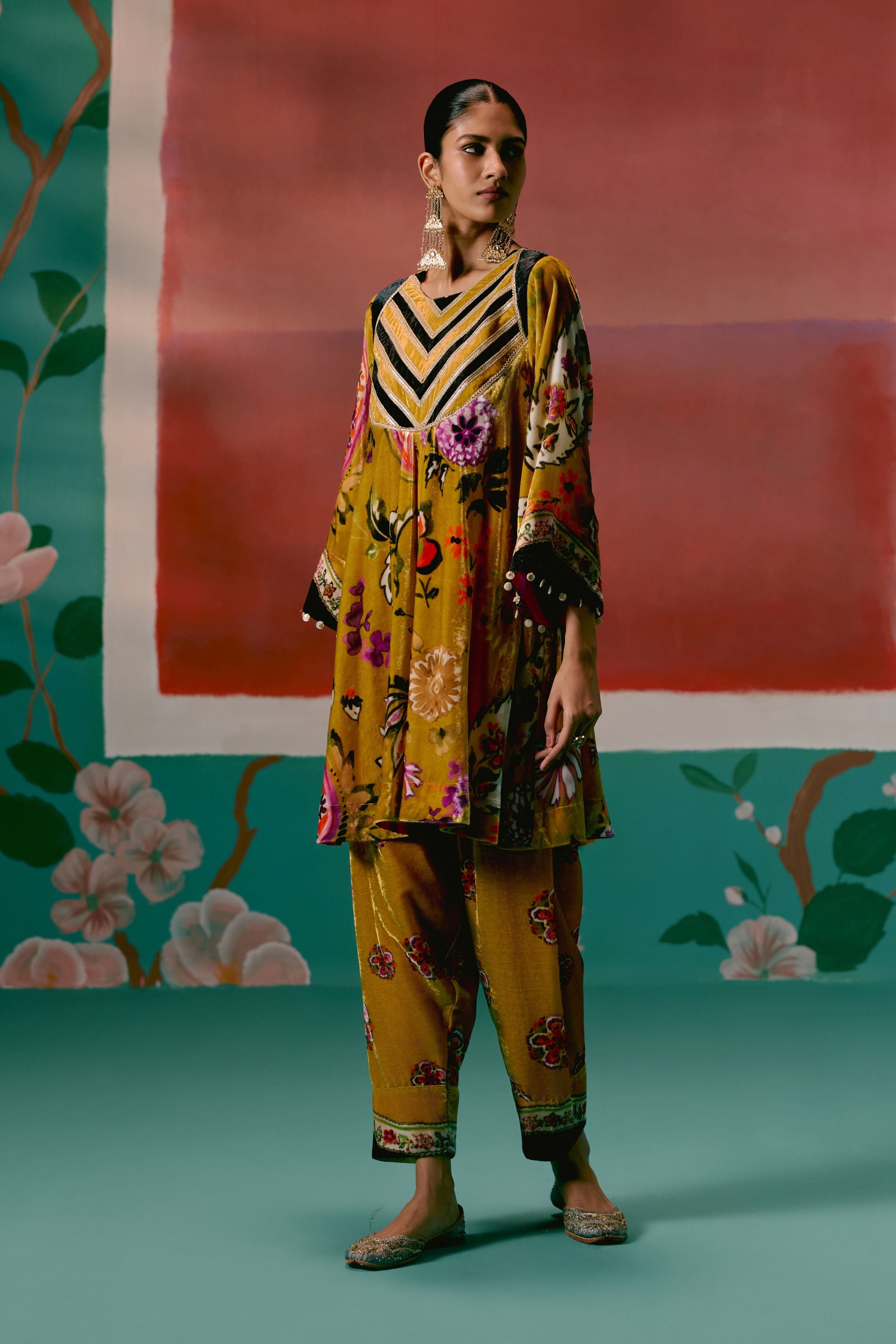 Mustard Floral Velvet Kurta Set