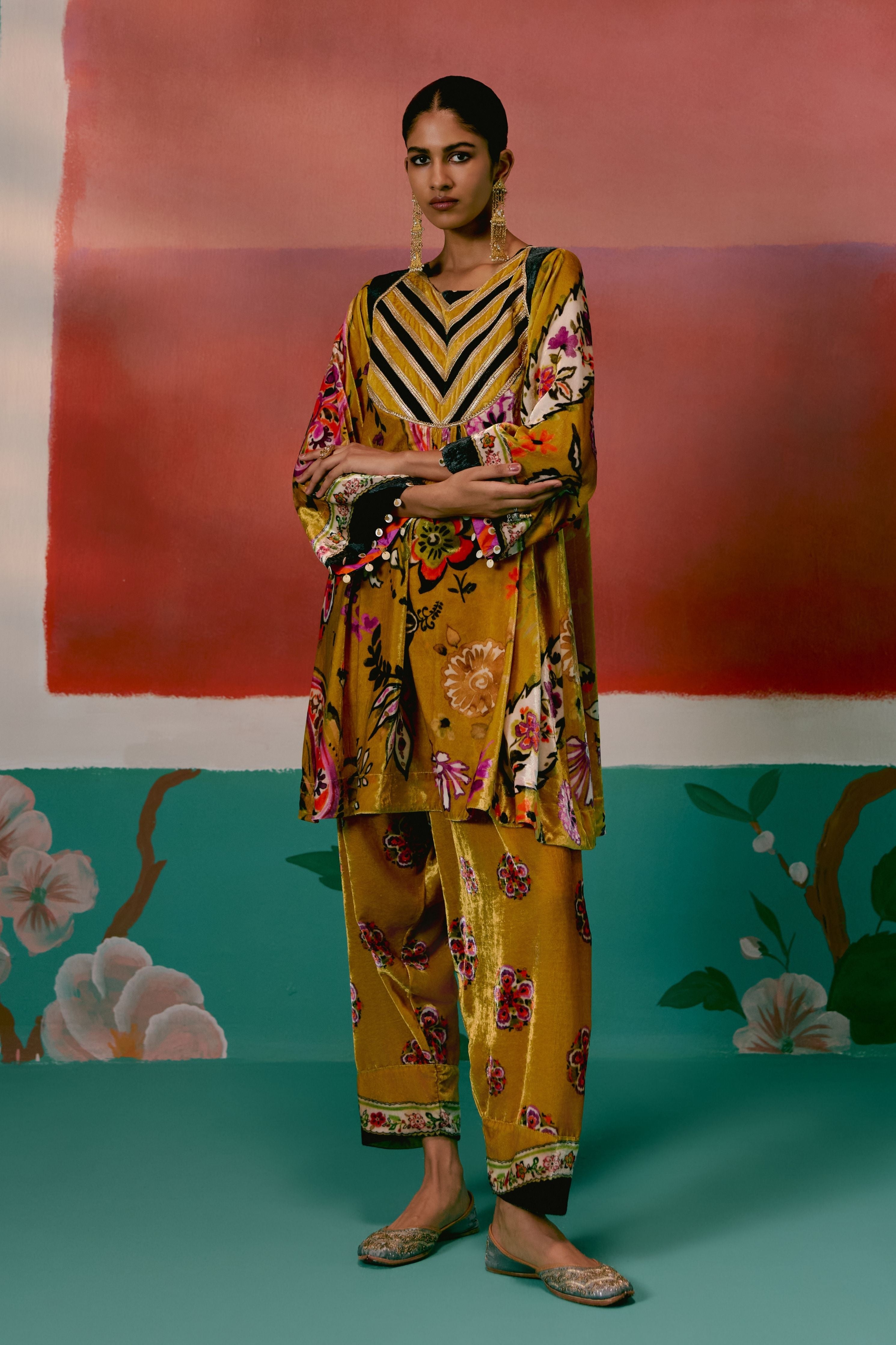 Mustard Floral Velvet Kurta Set