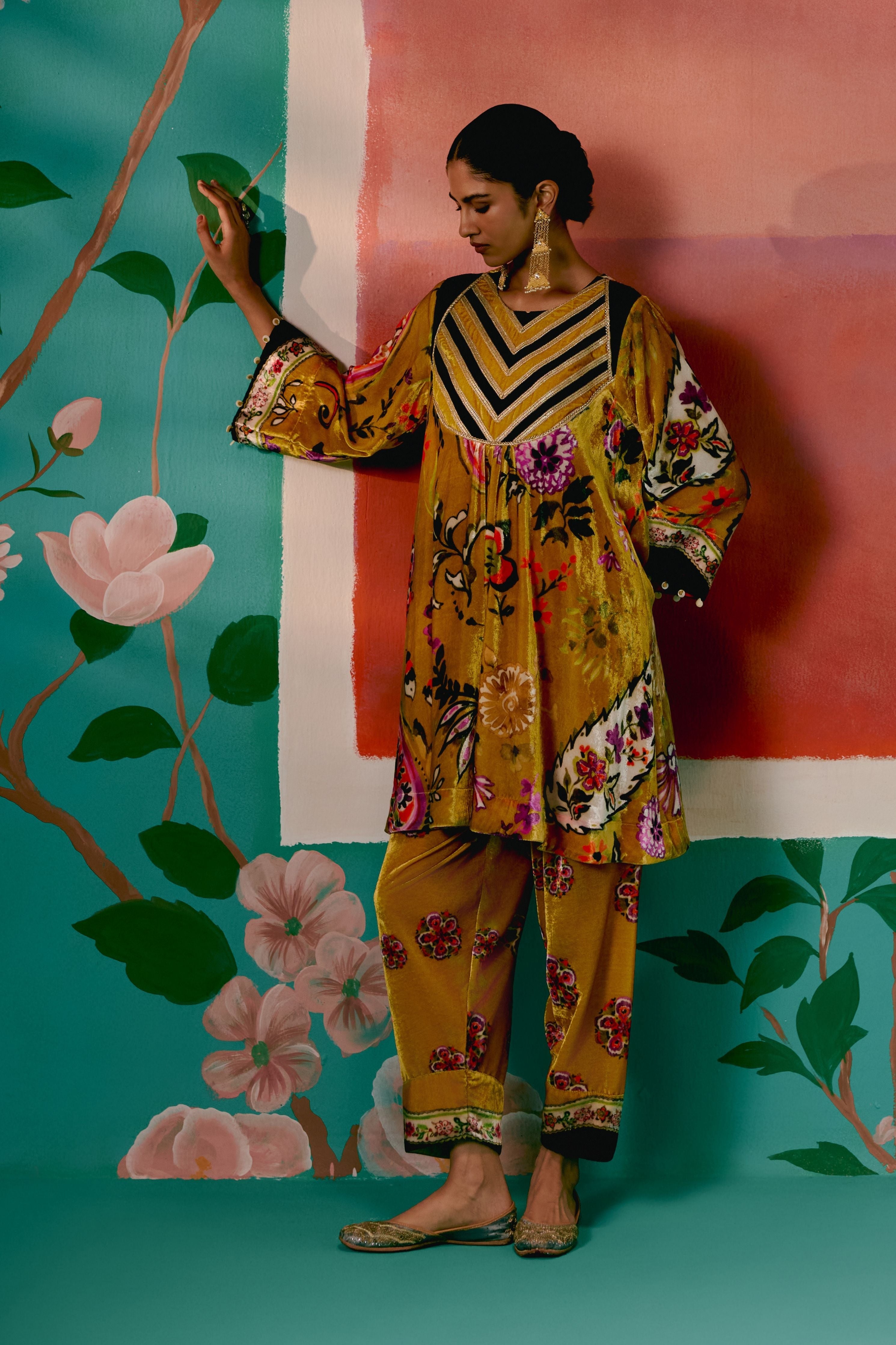 Mustard Floral Velvet Kurta Set