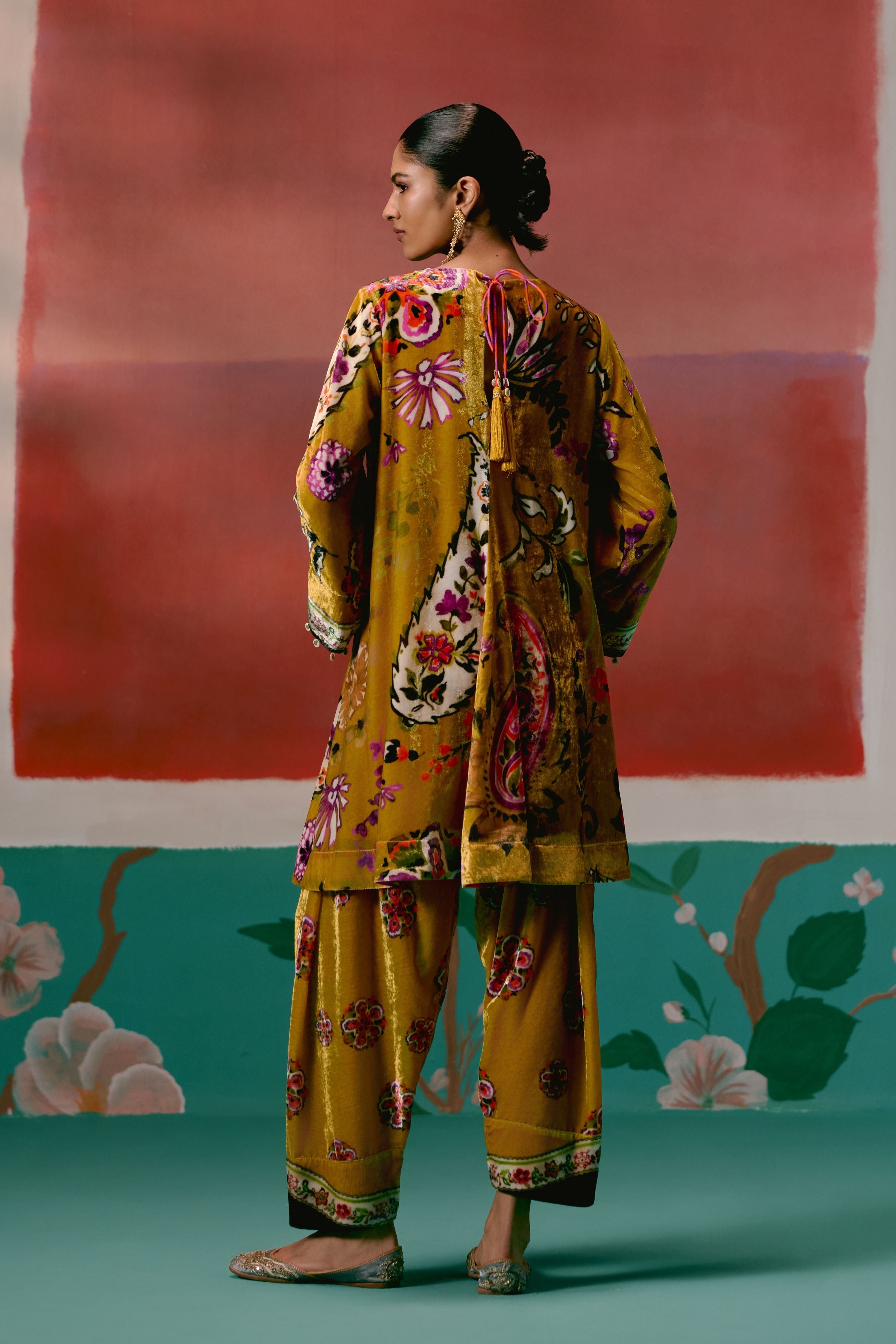 Mustard Floral Velvet Kurta Set