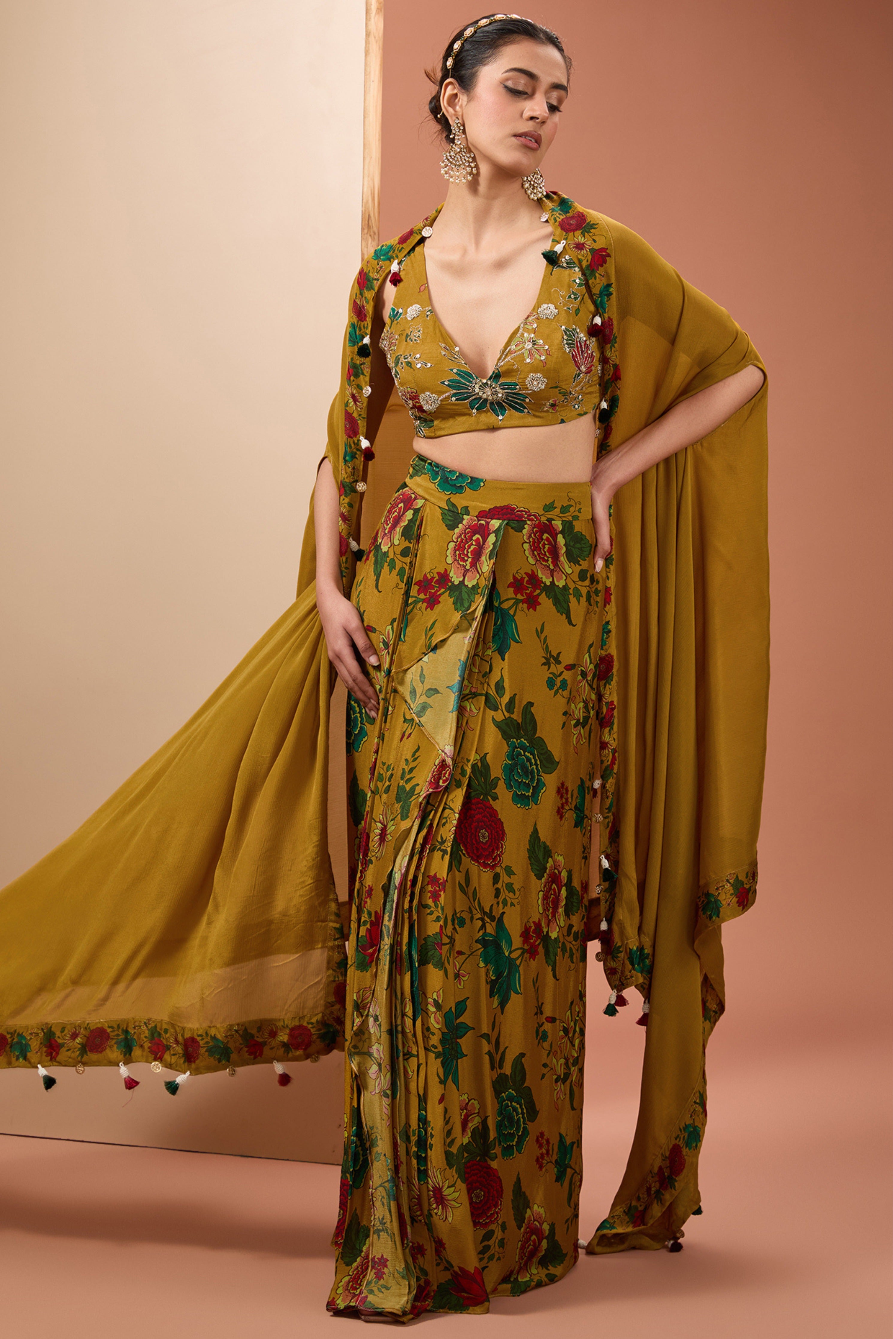 Mustard Printed Cape Set