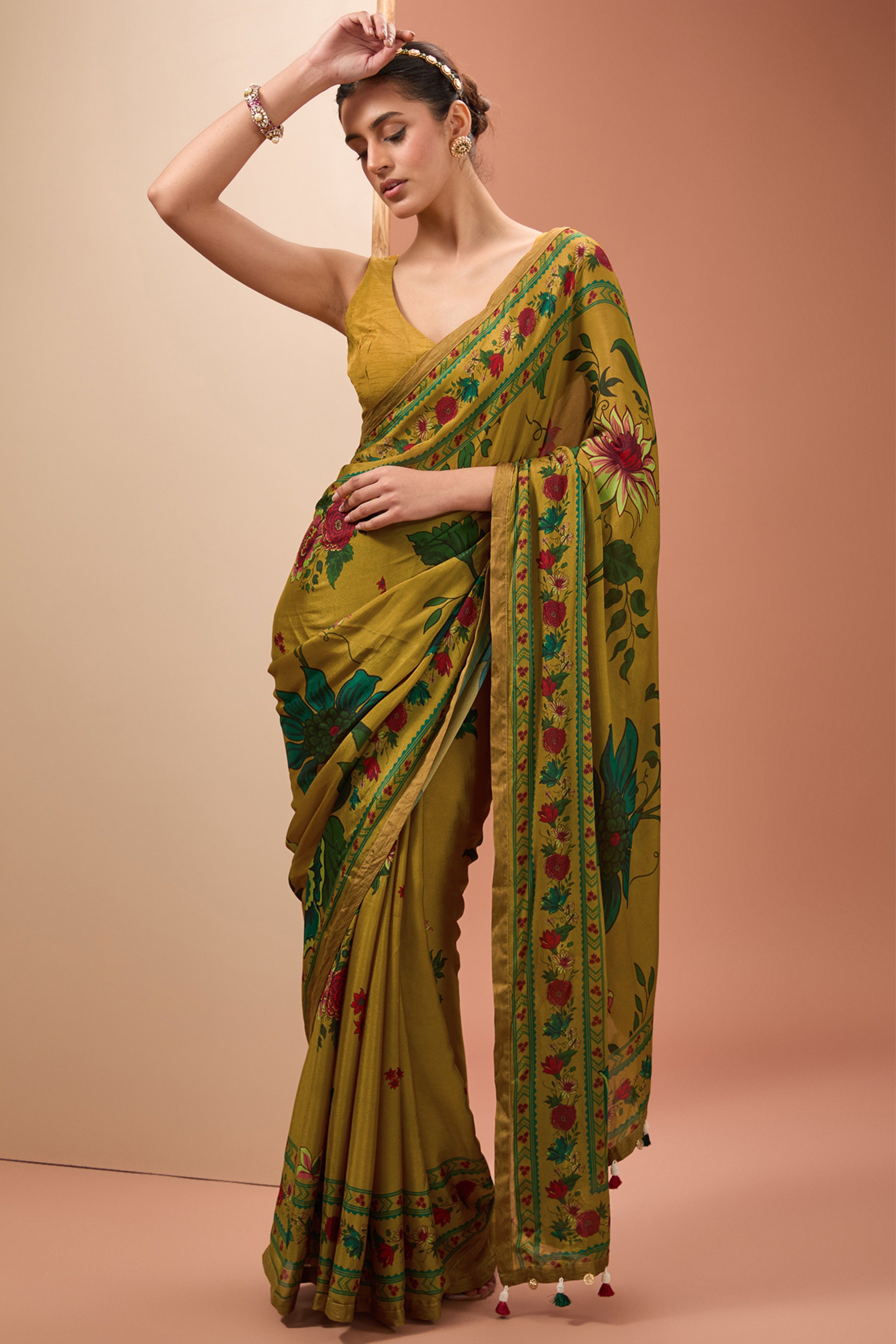 Mustard Printed Tassels Saree