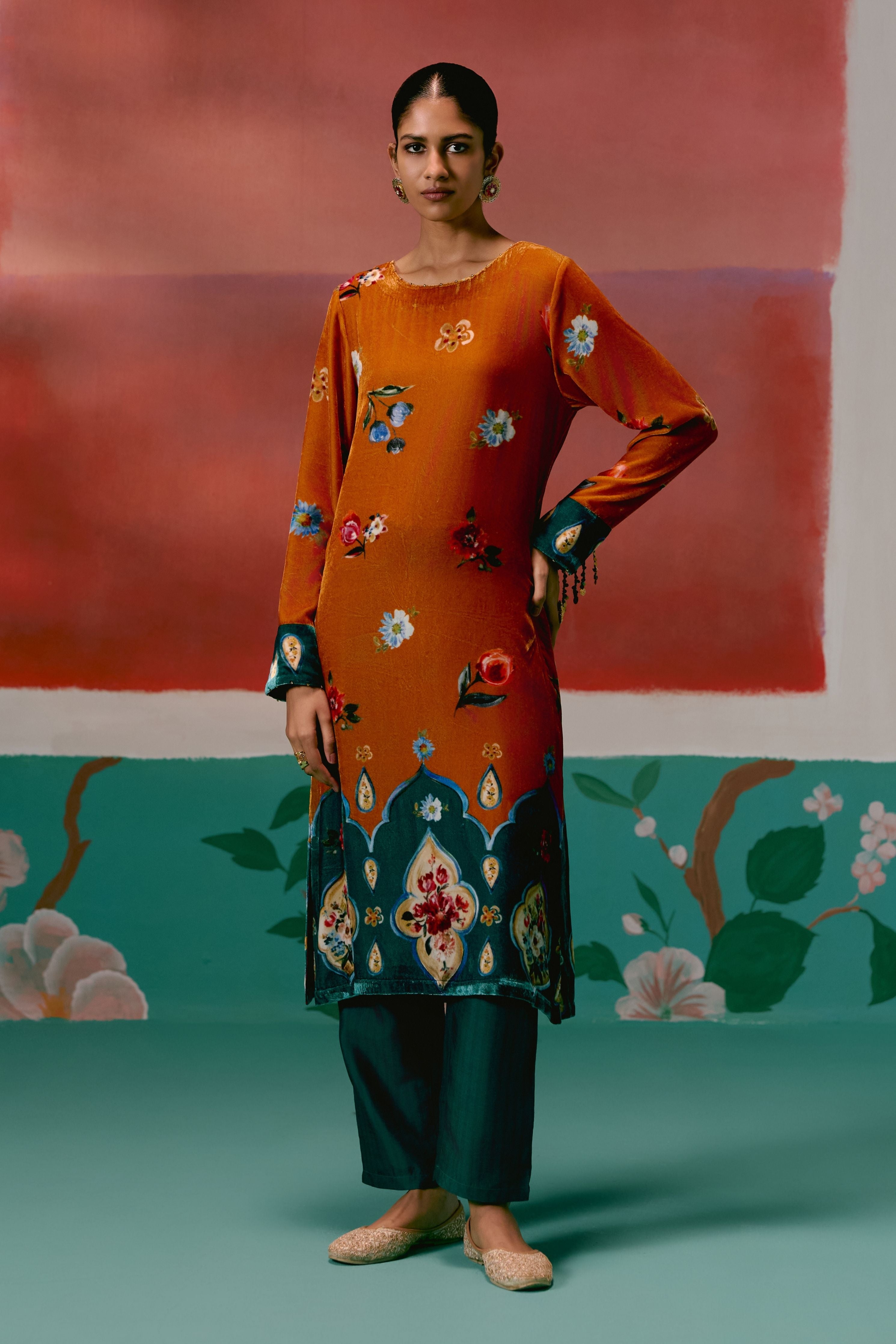 Mustard Teal Floral Velvet Kurta Set With Dupatta