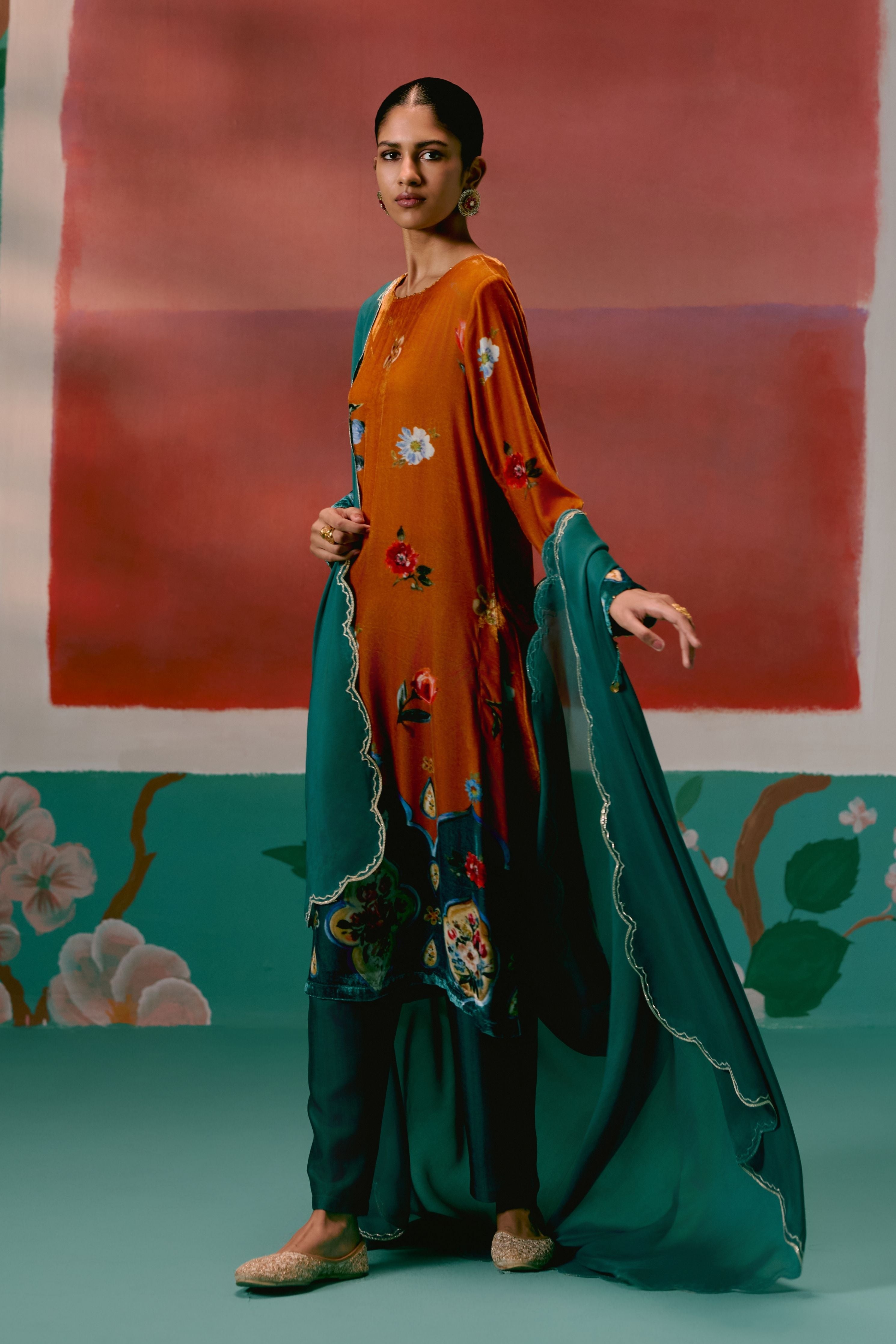 Mustard Teal Floral Velvet Kurta Set With Dupatta