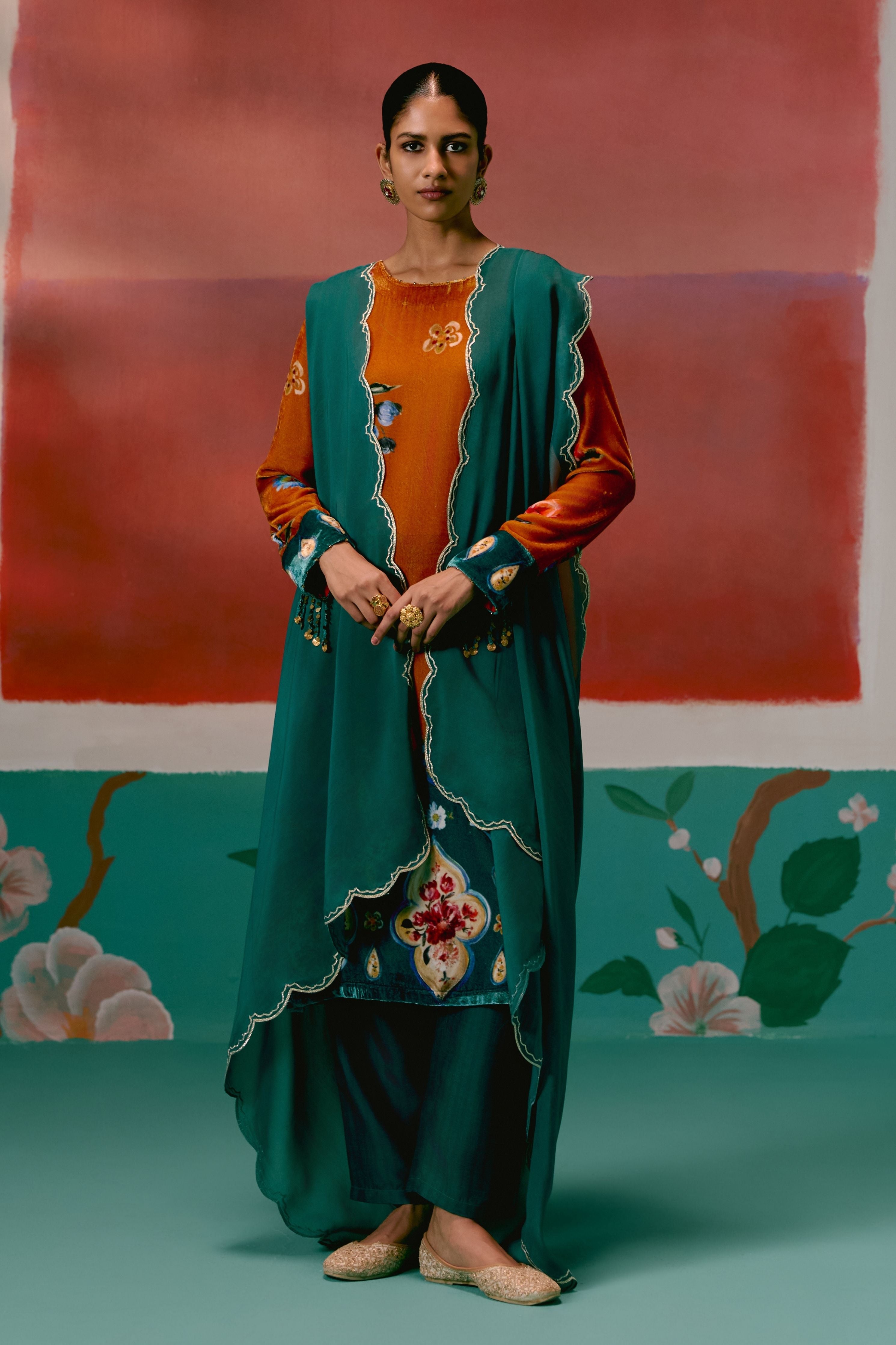 Mustard Teal Floral Velvet Kurta Set