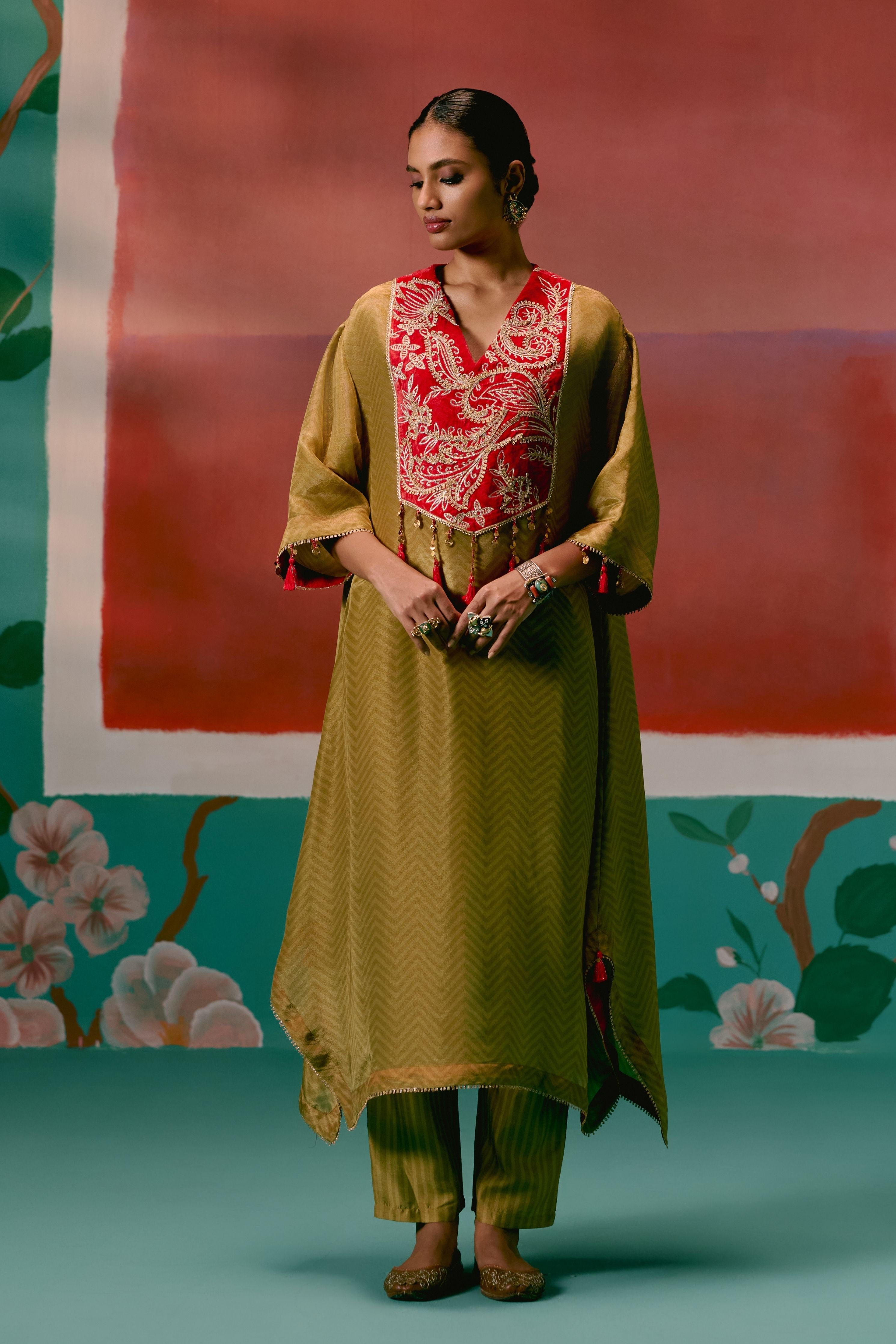 Mustard Tissue Kaftan Set