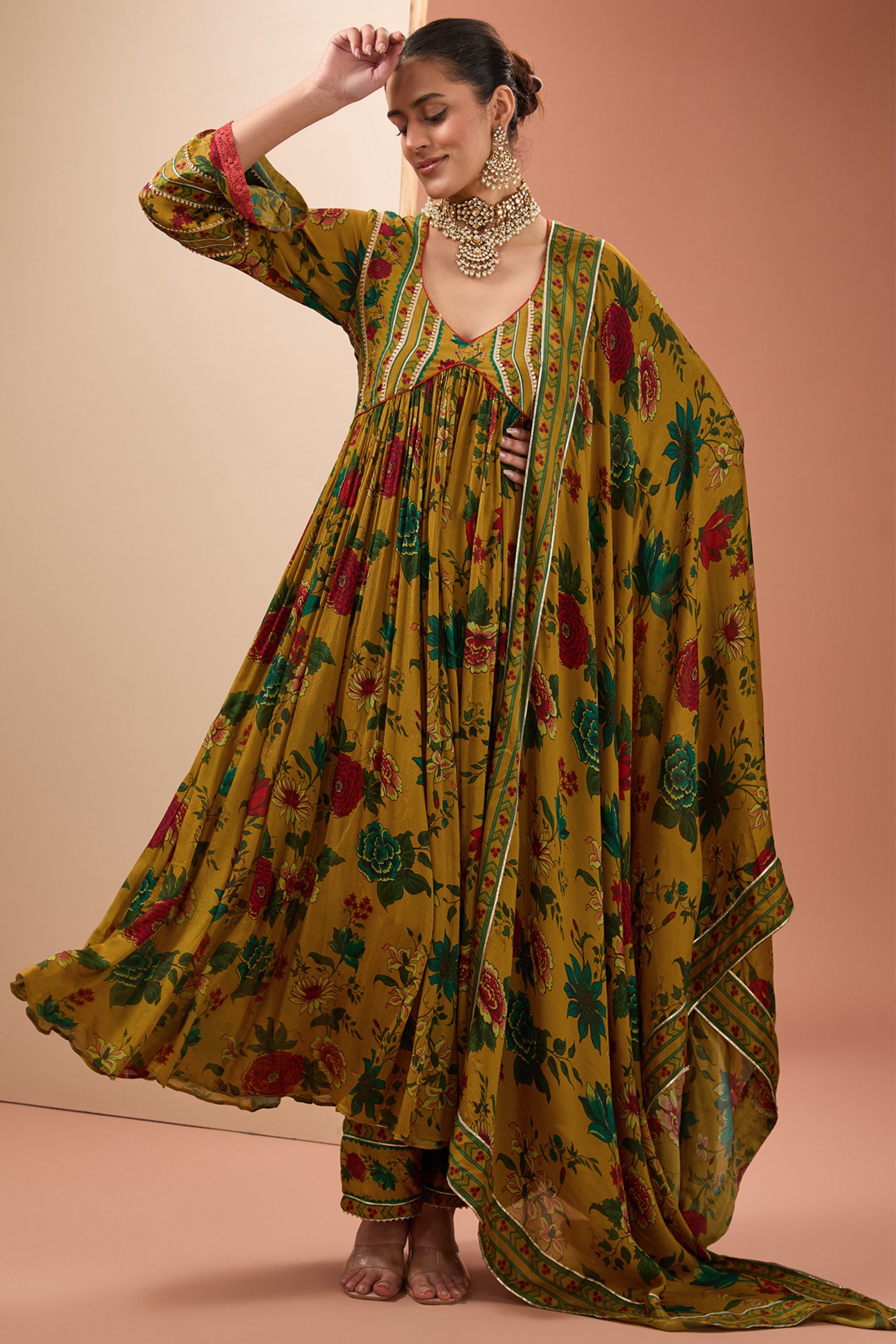 Mustard Printed Anarkali Set