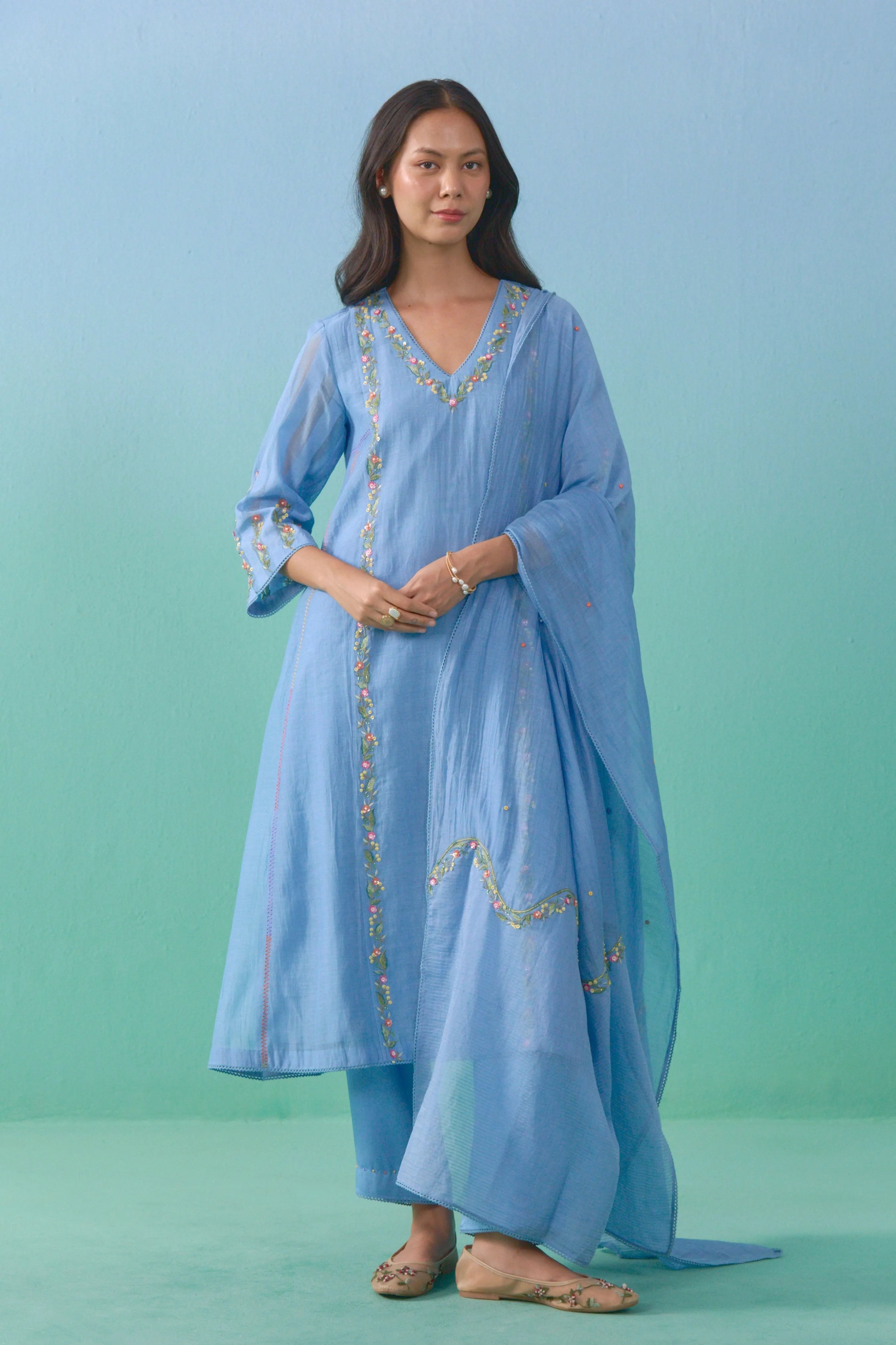 Firdaus Powder Blue Mul Chanderi Dupatta