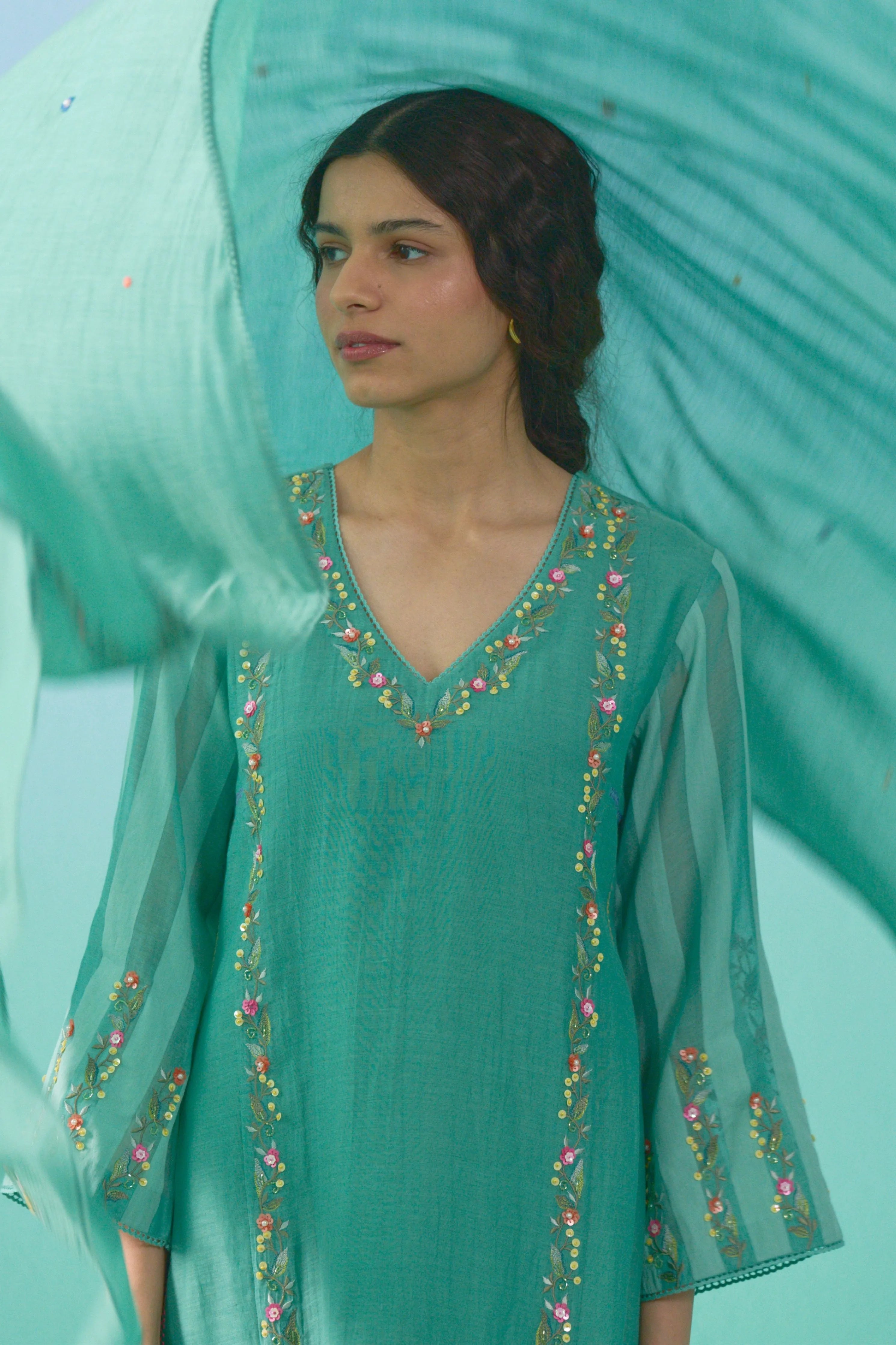 Firdaus Matcha Green Mul Chanderi Dupatta