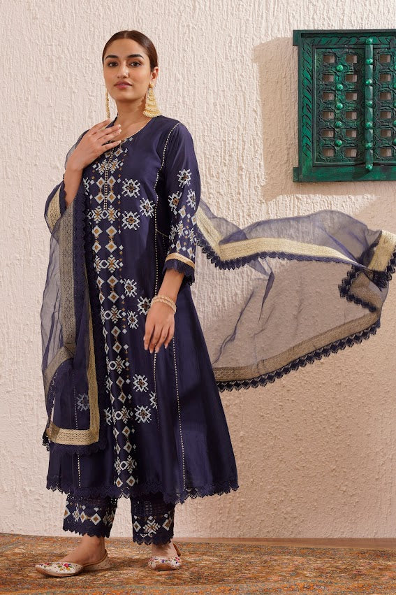Navy Blue Block Printed Kurta Set