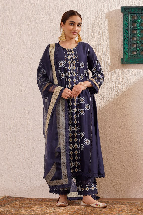 Navy Blue Block Printed Kurta Set