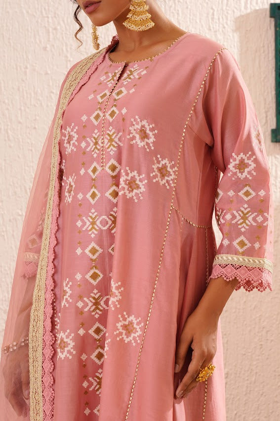 Pink Block Printed Kurta Set
