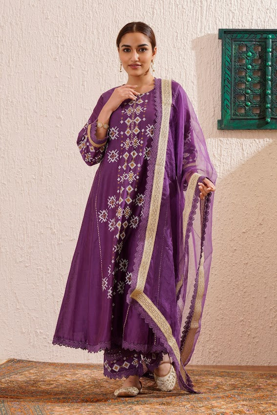 Purple Block Printed Kurta Set