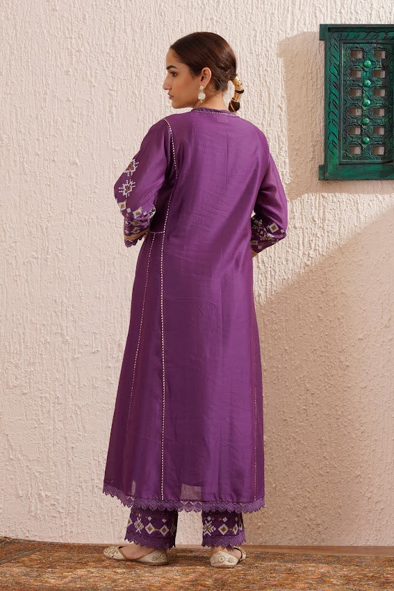 Purple Block Printed Kurta Set