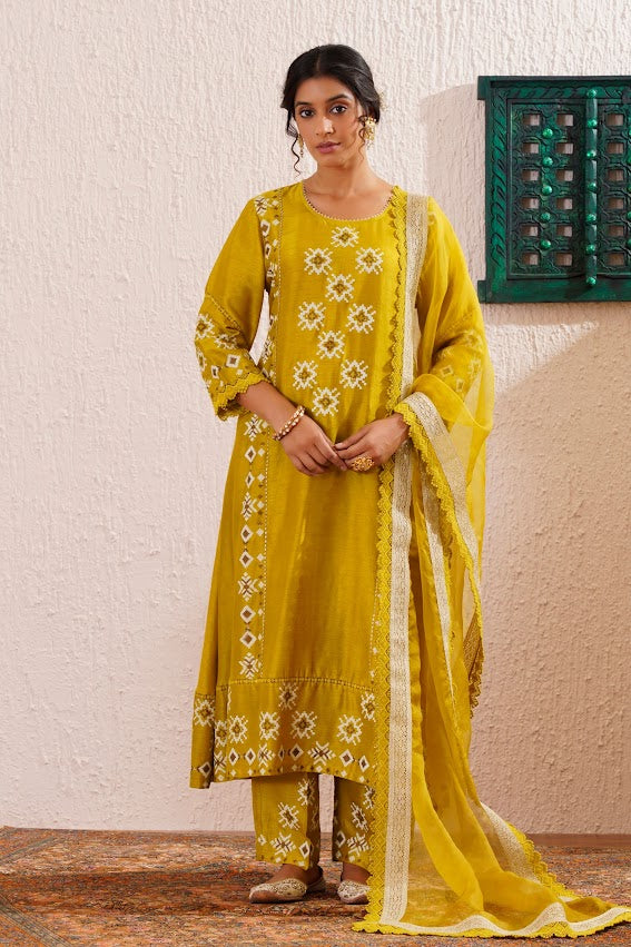 Green Block Printed Panelled Kurta Set