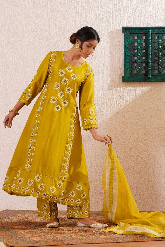 Green Block Printed Panelled Kurta Set