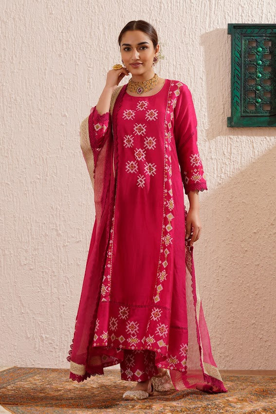 Magenta Block Printed Kurta Set