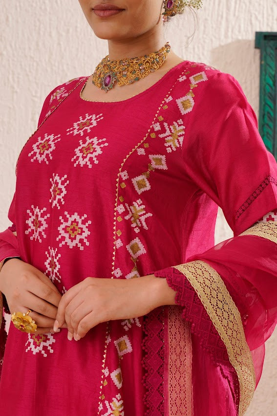 Magenta Block Printed Kurta Set