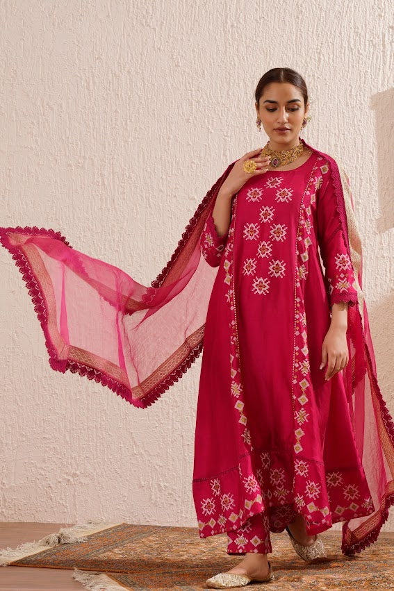 Magenta Block Printed Kurta Set
