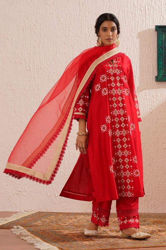 Red Straight Kurta Set