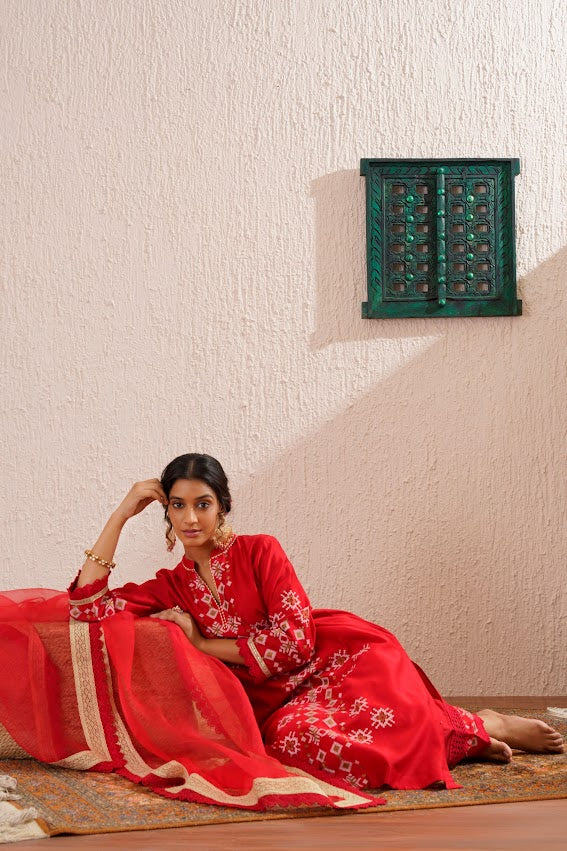 Red Straight Kurta Set
