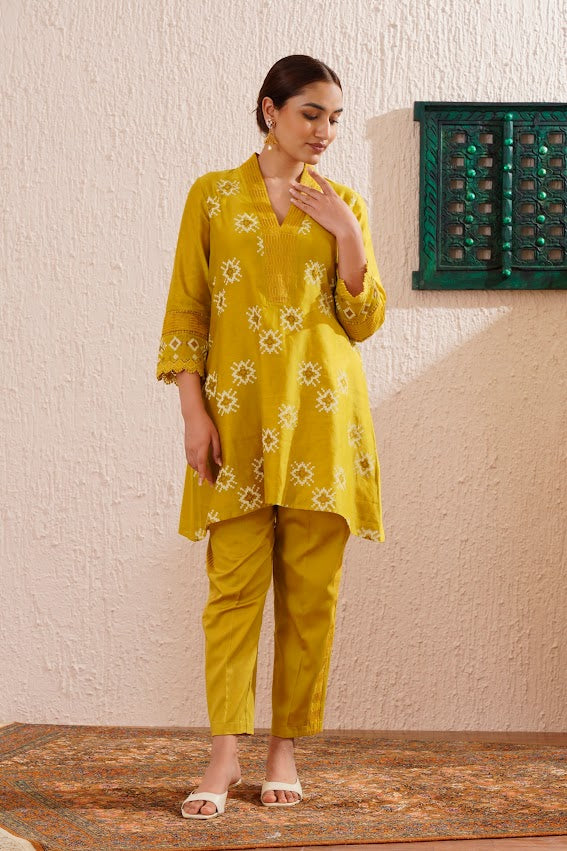 Lime Green Block Printed Tunic Set