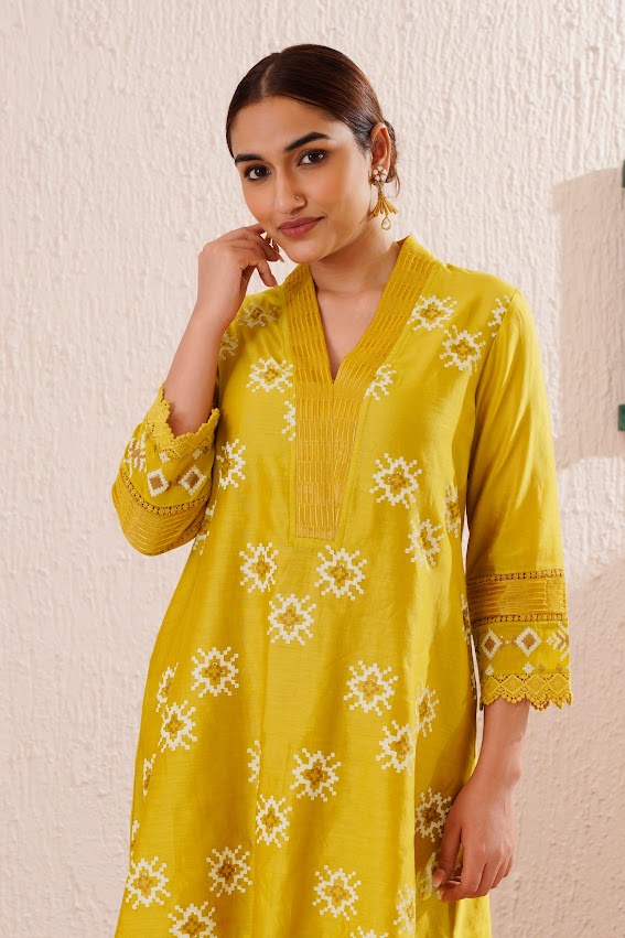 Lime Green Block Printed Tunic Set