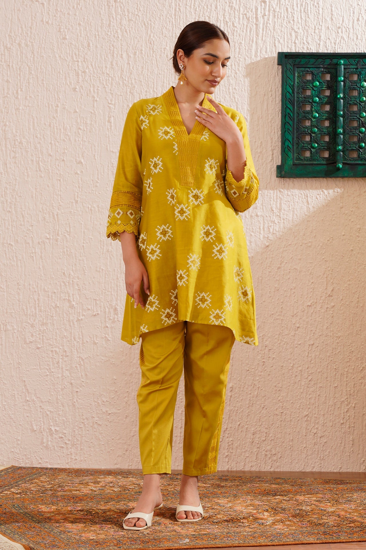 Lime Green Block Printed Tunic Set