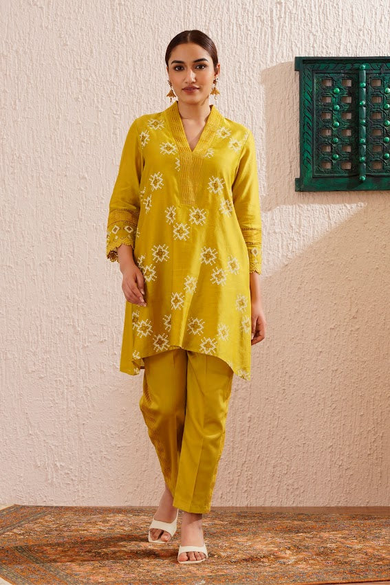 Lime Green Block Printed Tunic Set