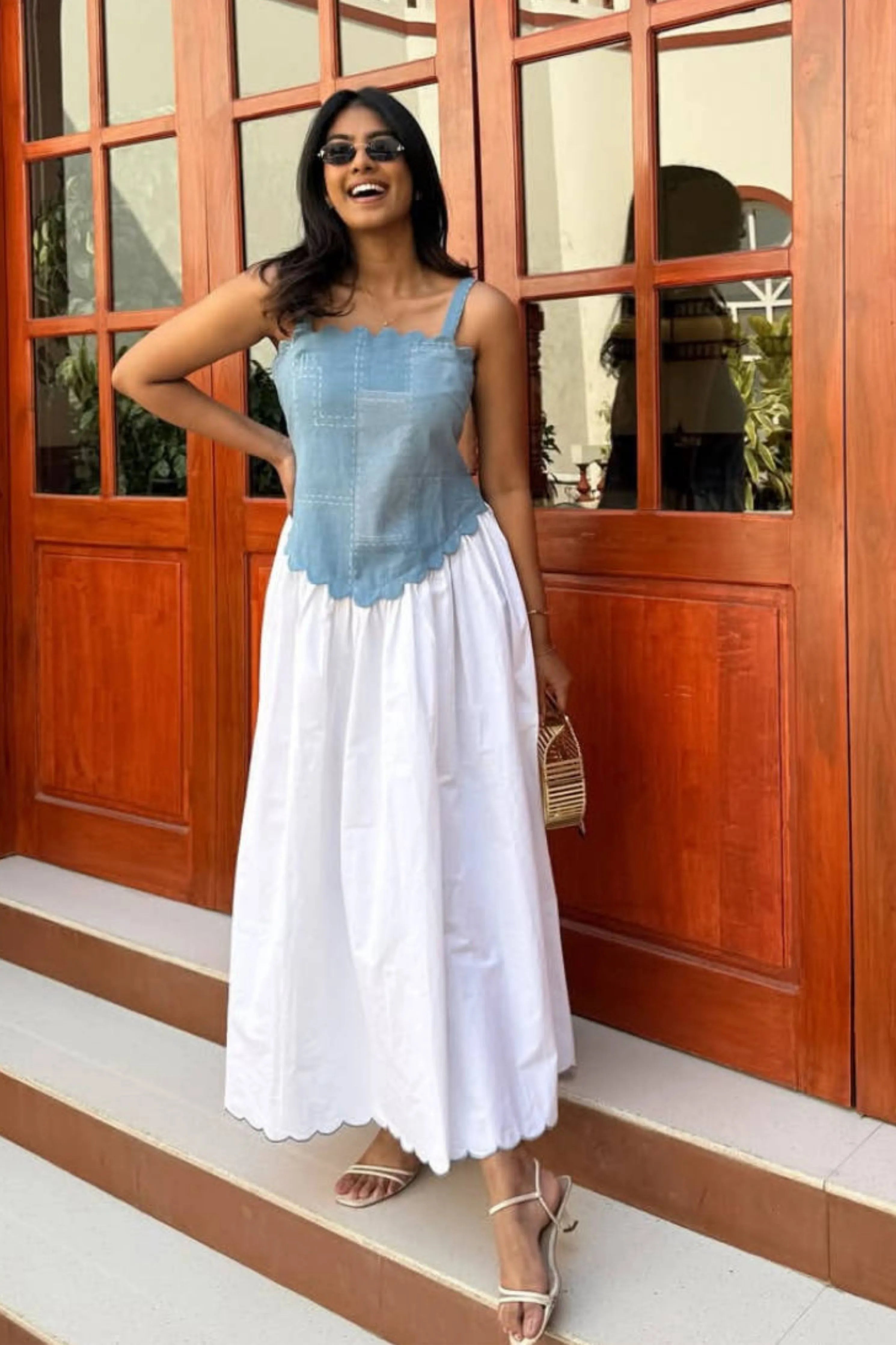 Denim Scallop Midi Dress