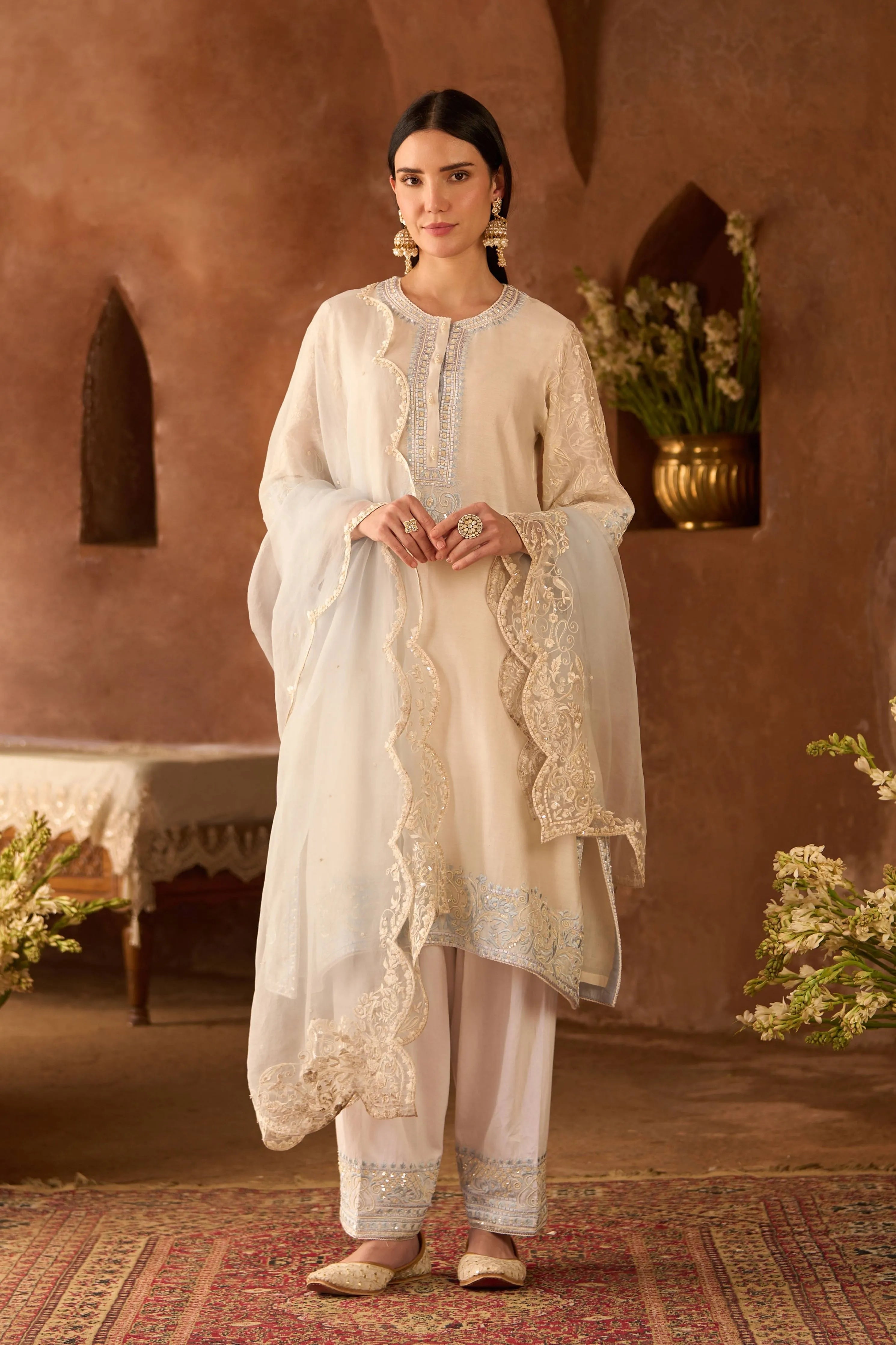 Anam Daisy Ivory & Blue A Line Kurta Set