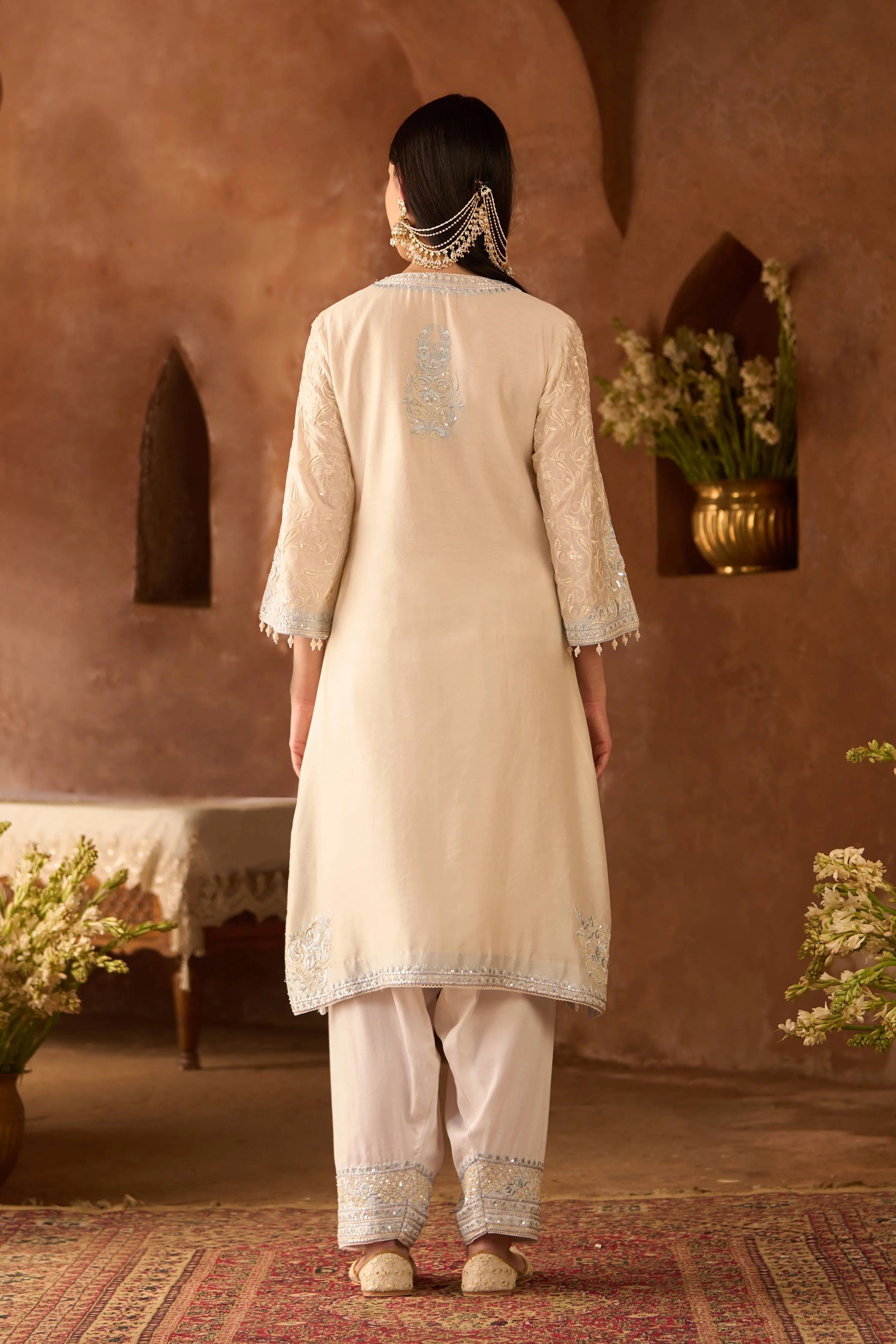 Anam Daisy Ivory & Blue A Line Kurta Set