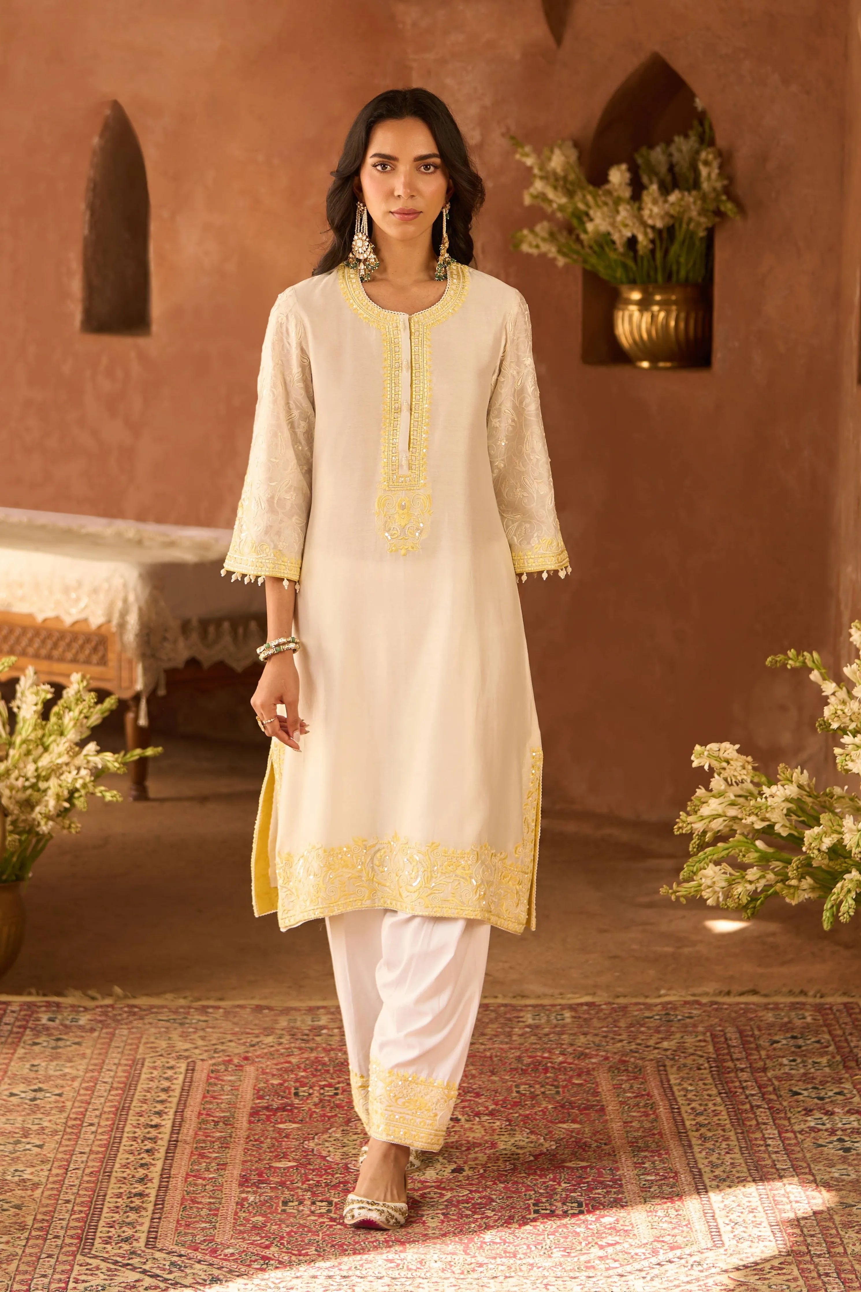 Anam Daisy Ivory & Lemon Yellow ALine Kurta Set