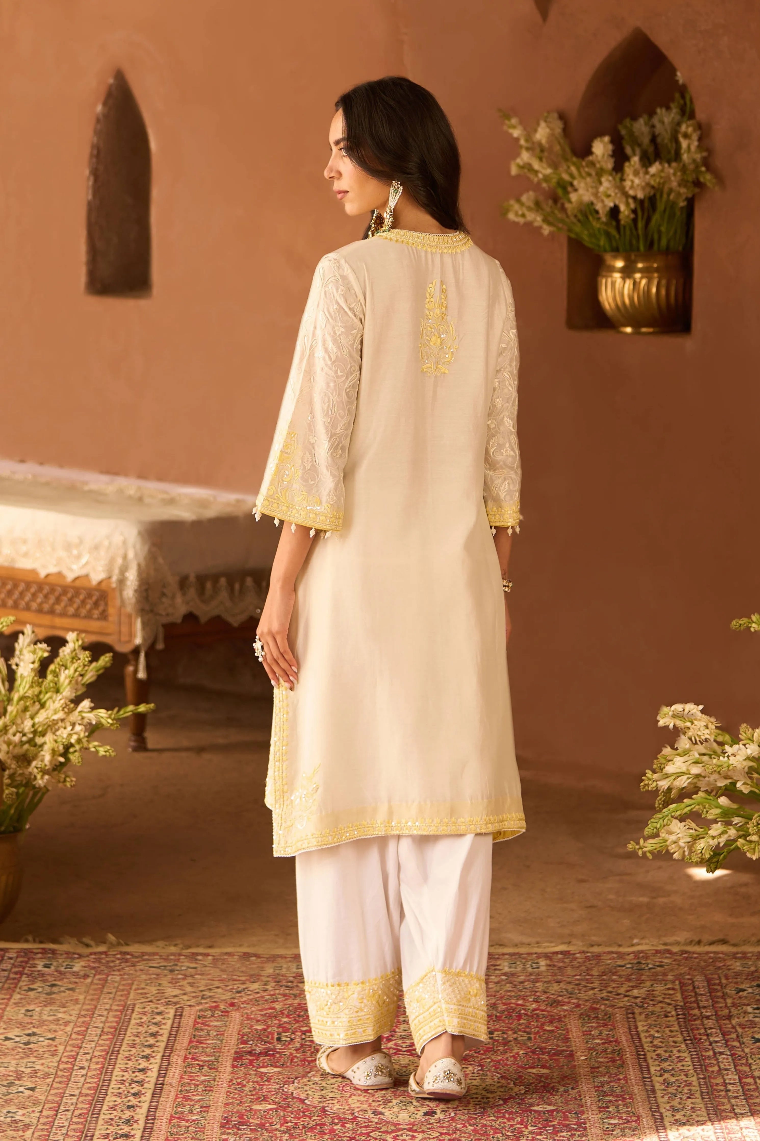 Anam Daisy Ivory & Lemon Yellow ALine Kurta Set