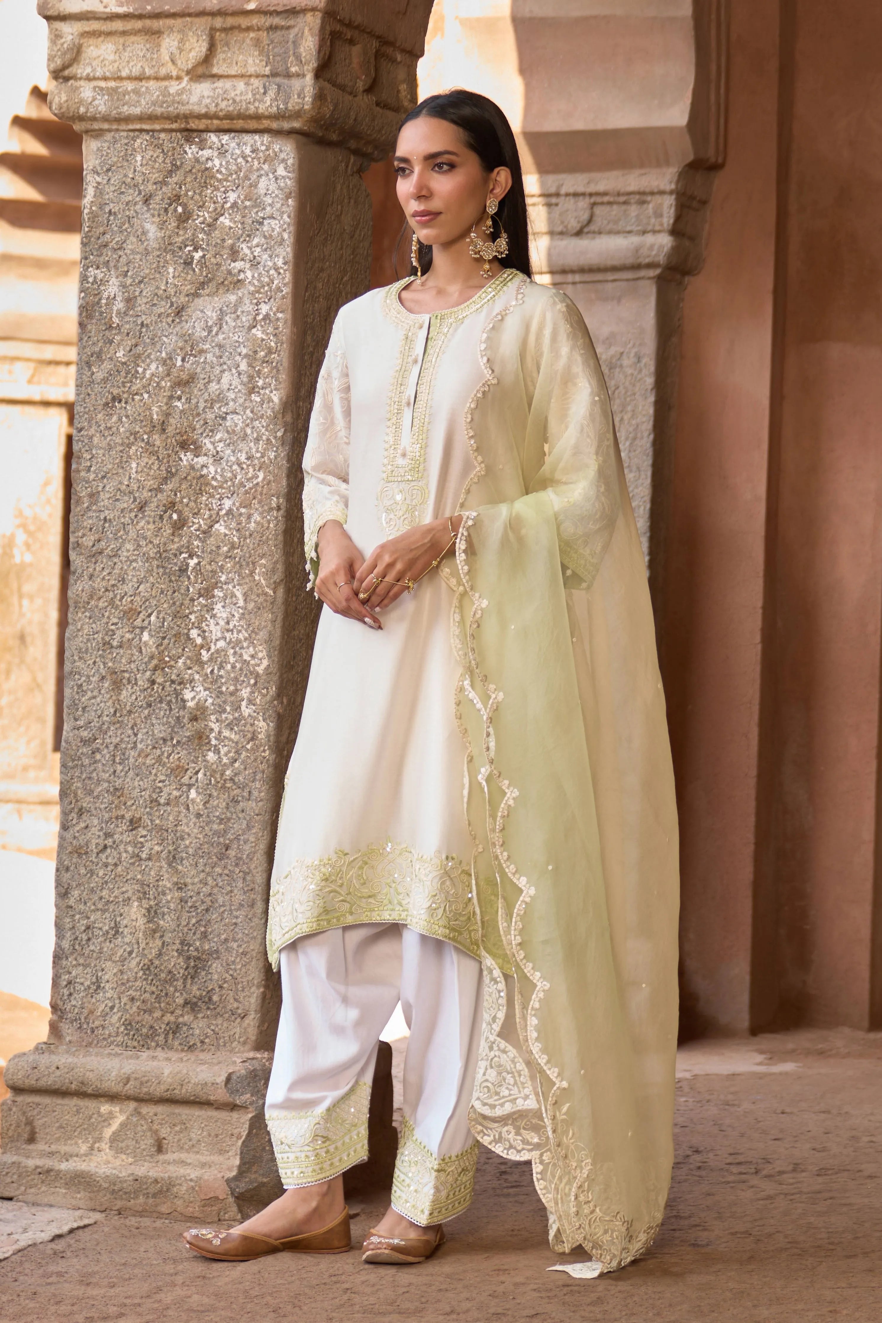 Anam Daisy Ivory & Mint Green ALine Kurta Set