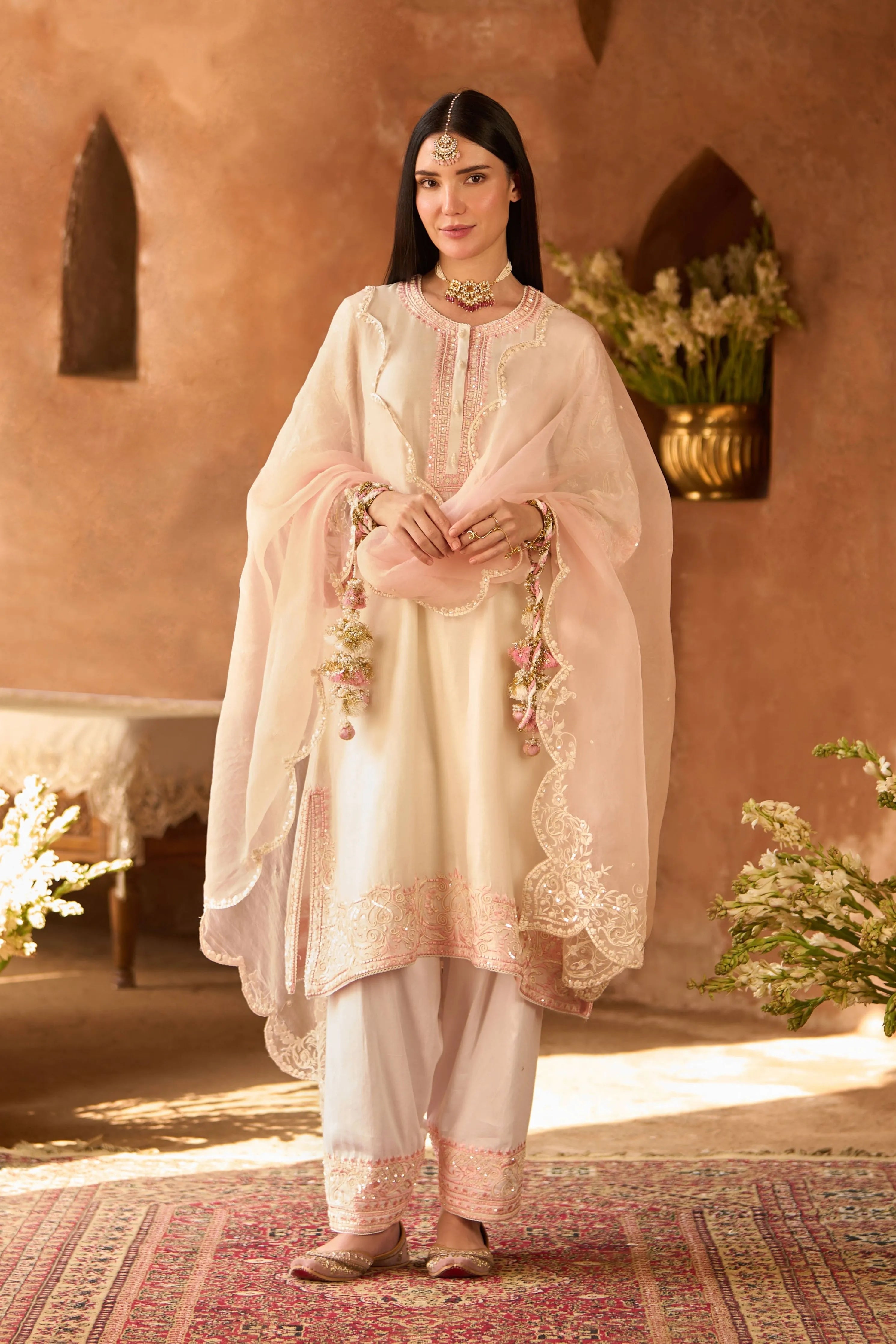 Anam Daisy Ivory & Pink ALine Kurta Set