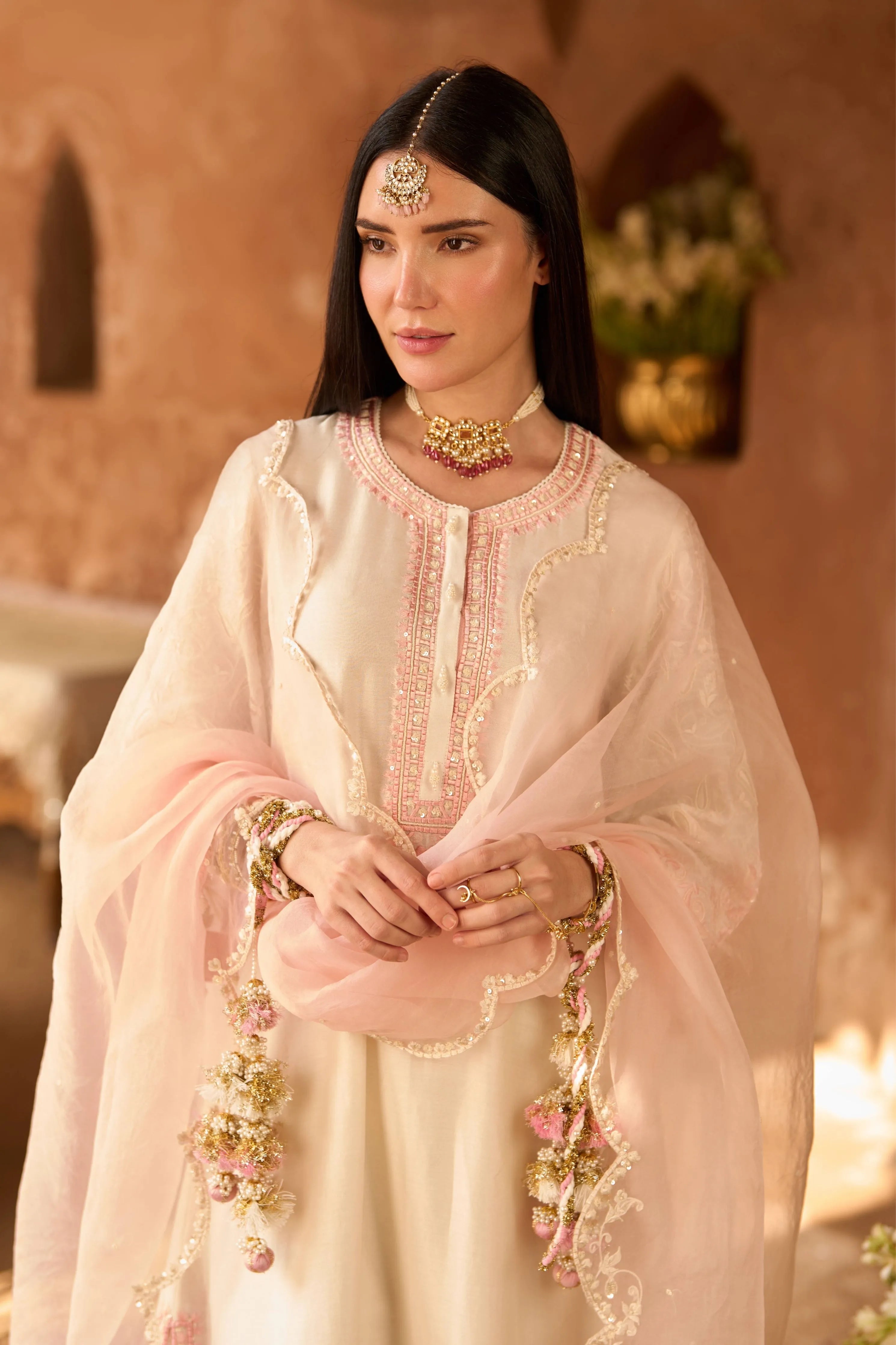Anam Daisy Ivory & Pink ALine Kurta Set