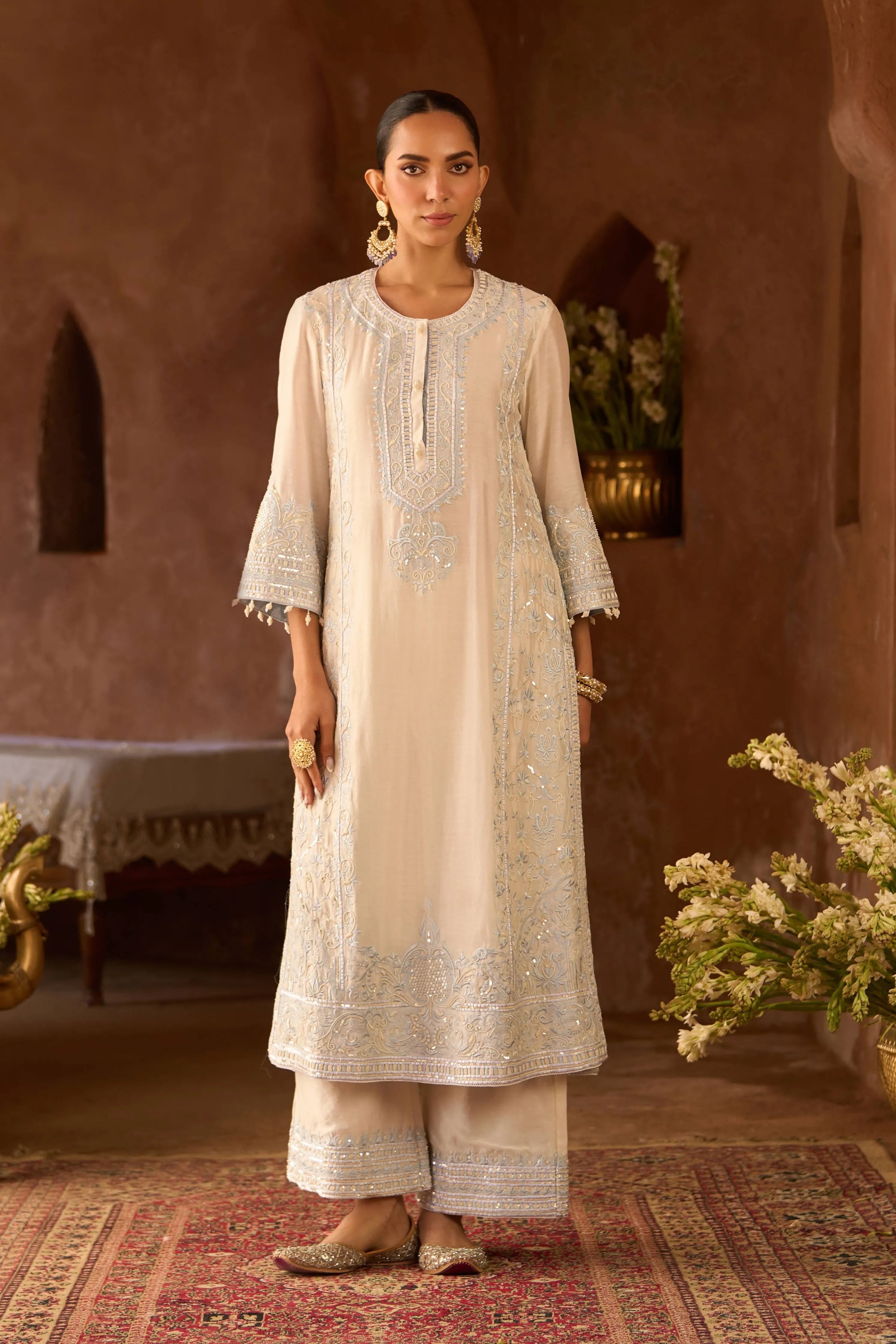Ena Daisy Ivory & Blue Long ALine Kurta & Palazzo And Dupatta
