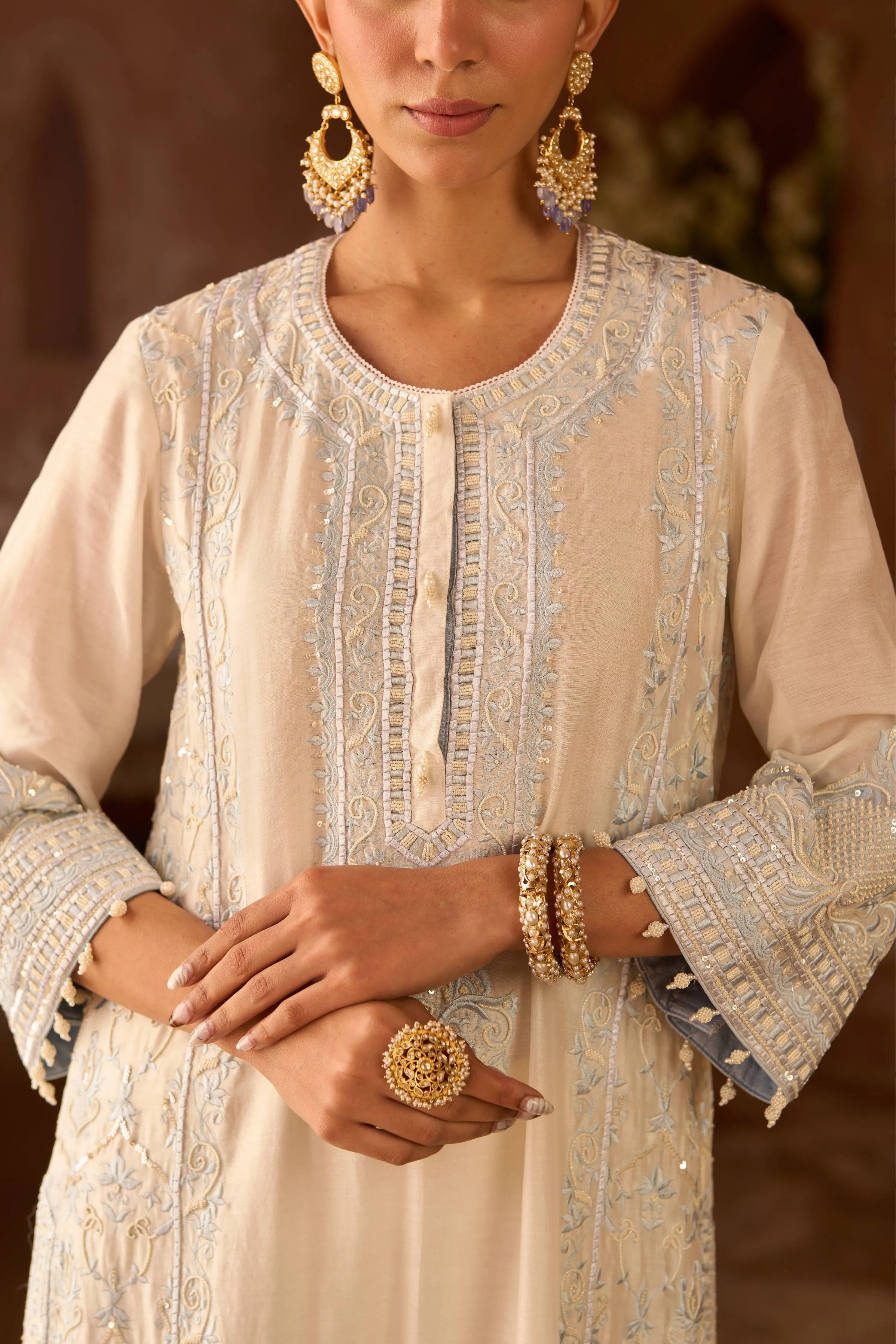 Ena Daisy Ivory & Blue Long ALine Kurta & Palazzo And Dupatta