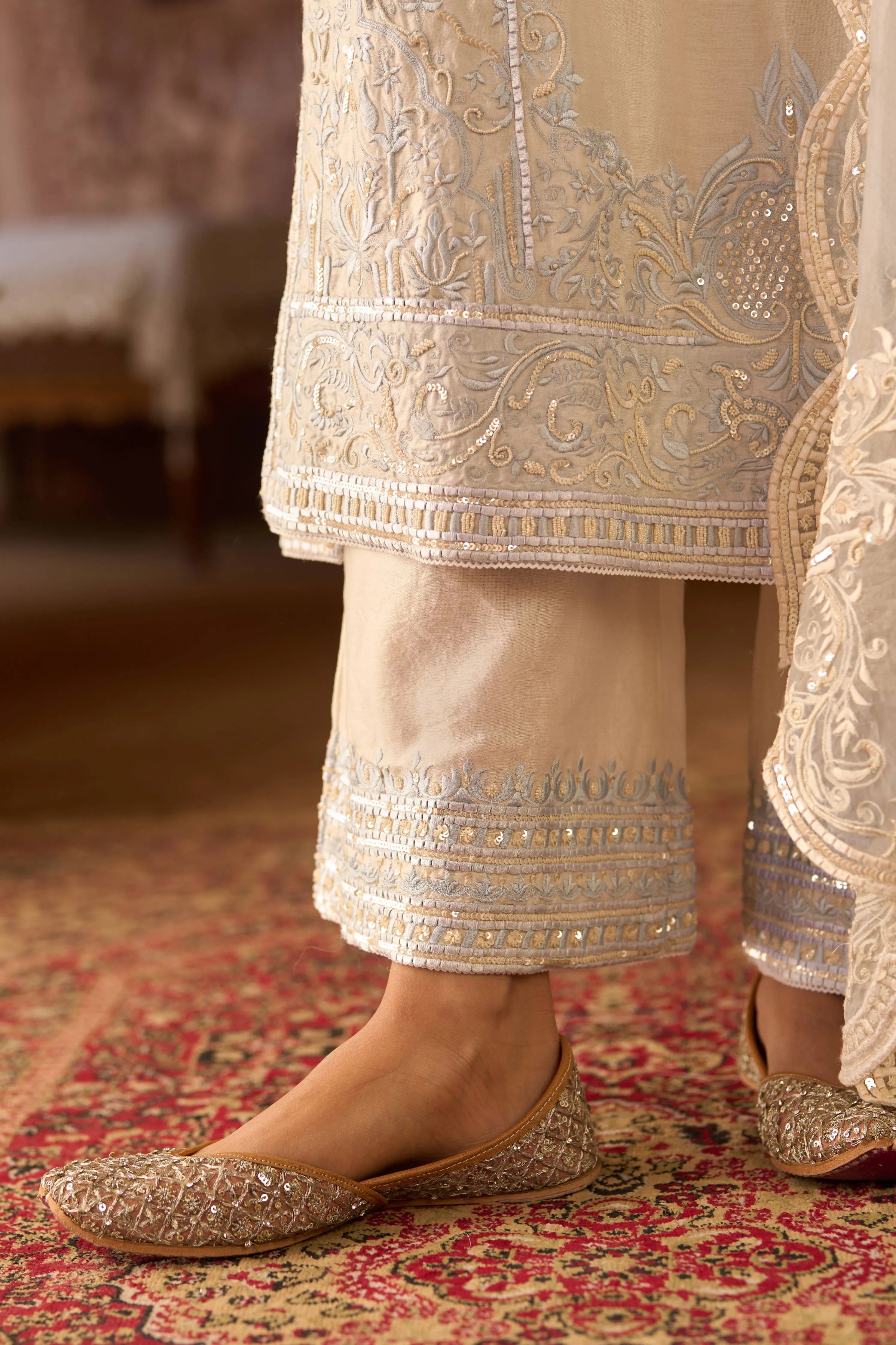 Ena Daisy Ivory & Blue Long ALine Kurta & Palazzo And Dupatta