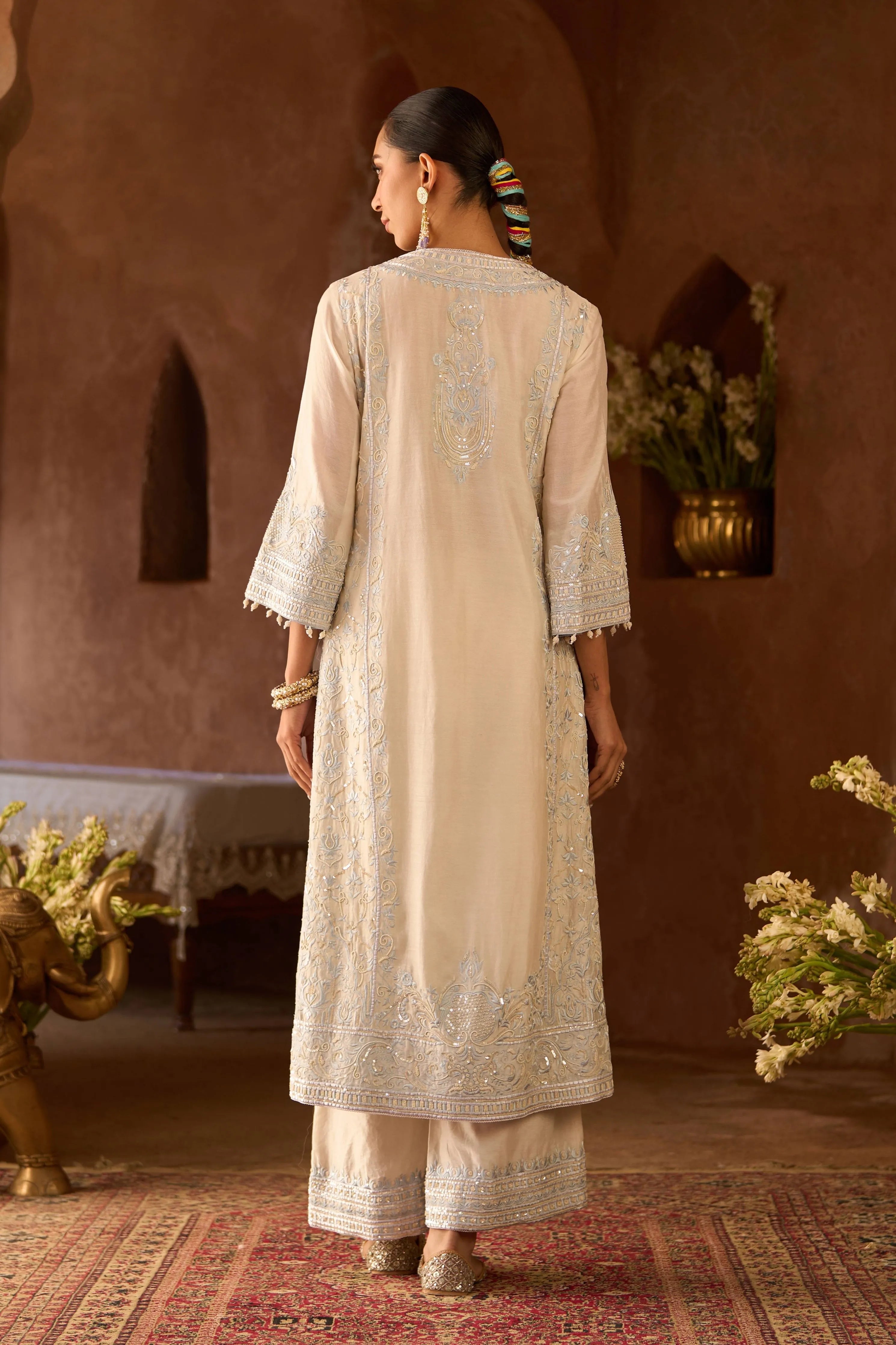 Ena Daisy Ivory & Blue Long ALine Kurta & Palazzo And Dupatta