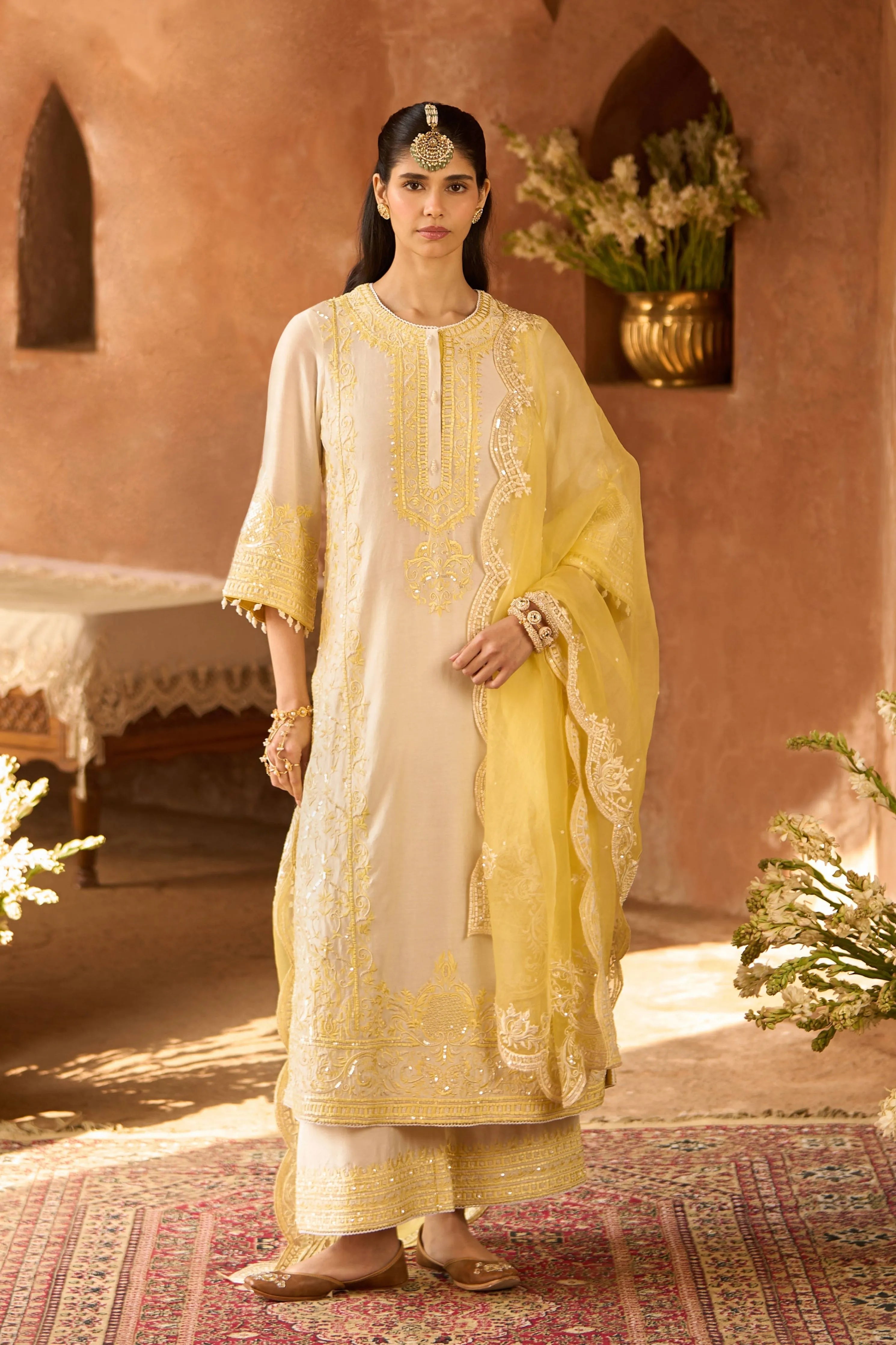 Ena Daisy Ivory & Lemon Yellow Long ALine Kurta Set